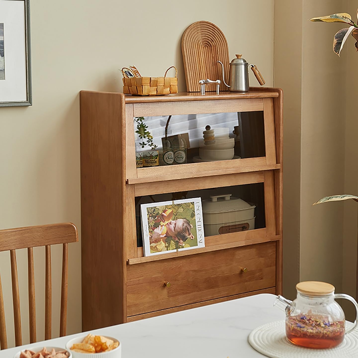 Sideboard Cabinet 80x35x125cm Solid Wood Dining Side Cabinet, Home Kitchen Wall Tea Storage Window, Living Room Glass Door Storage Furniture Sideboard Cabinet with Drawers