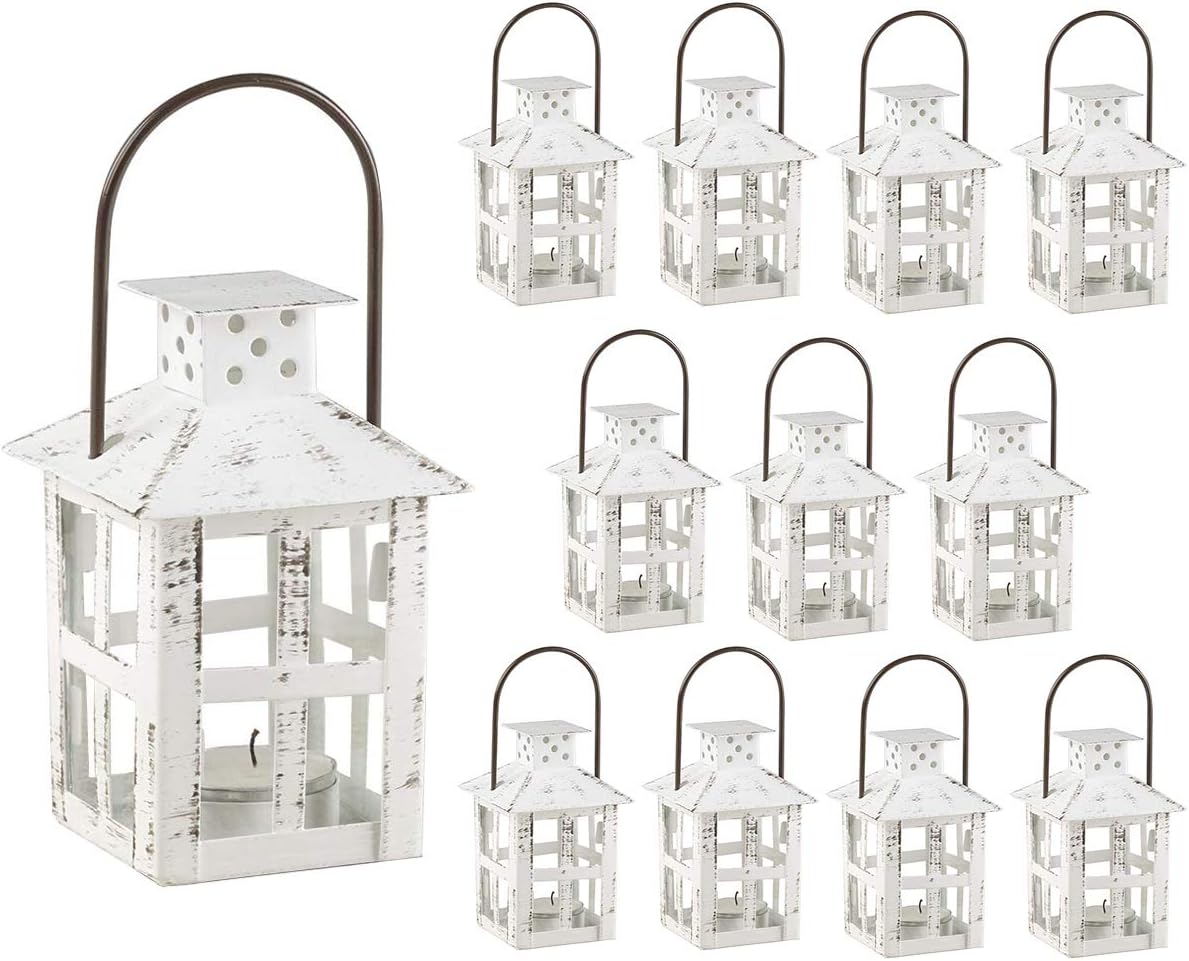 Kate Aspen Set of 12 Vintage White Distressed Metal Mini Lanterns - Wedding Favors, Rustic Table Centerpieces & Home Decor