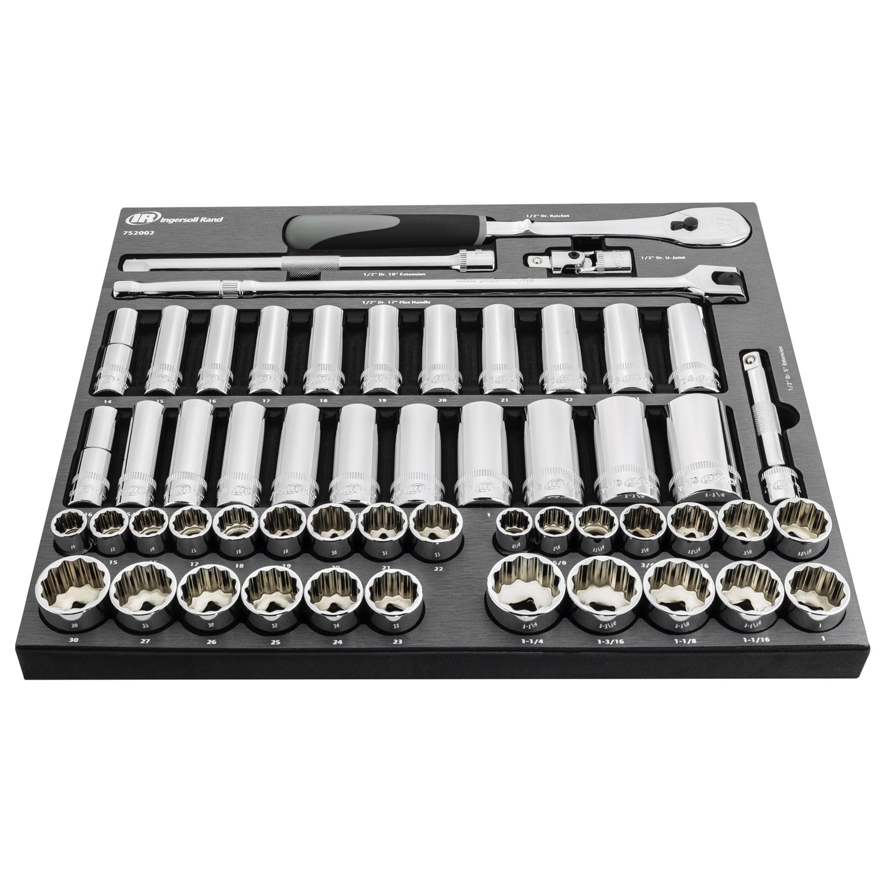 Ingersoll Rand 54-Piece 1/2 in. Drive SAE/Metric Master Socket and Accessory Set – Mirror-Polished Chrome Vanadium Steel, 90-Tooth Ratchet, EVA Tray