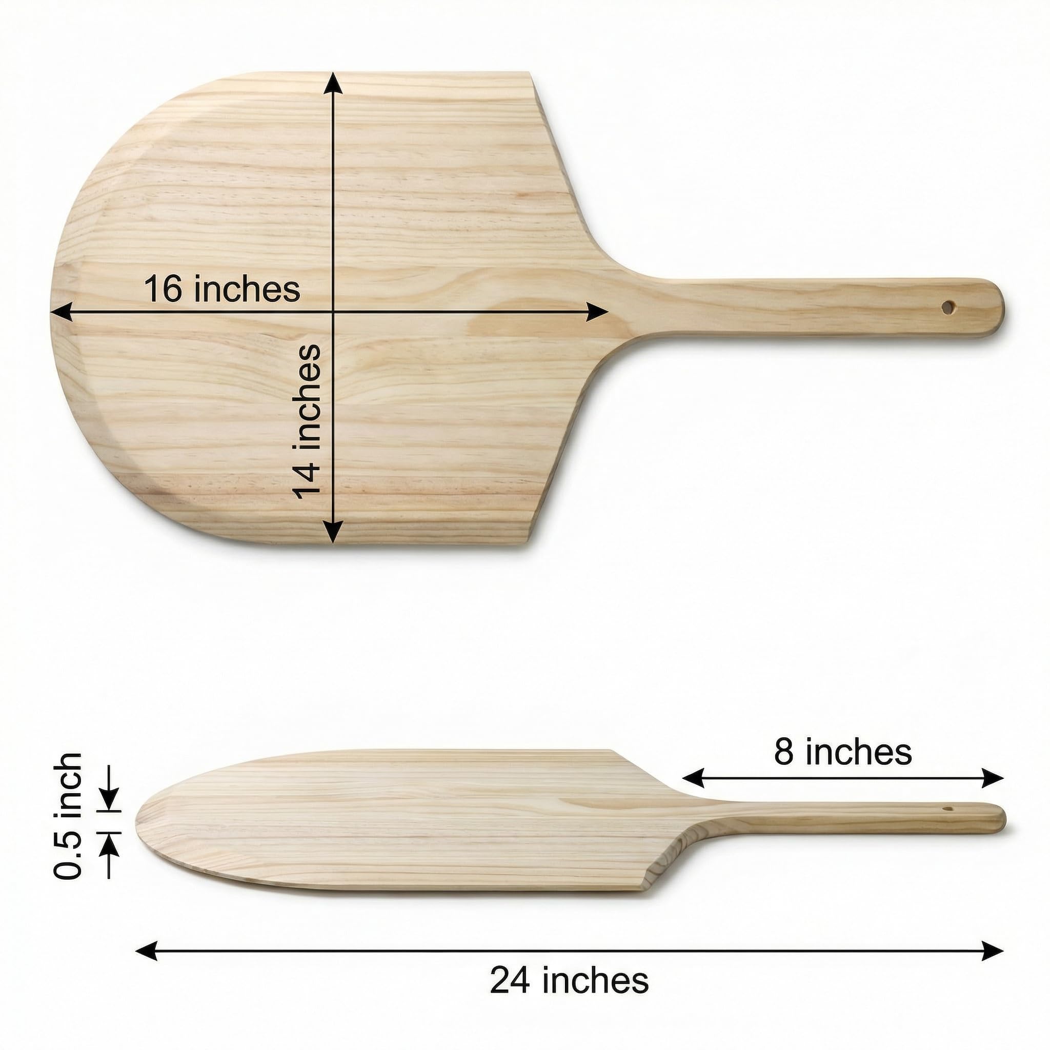 KitchenDine Pizzaschieber aus Holz, 40,6 x 35,6 cm Klinge mit 20,3 cm Griff, Kiefernholz, 61 cm Gesamtlänge mit konischer Kante mit Loch am Ende des Griffs. (1)