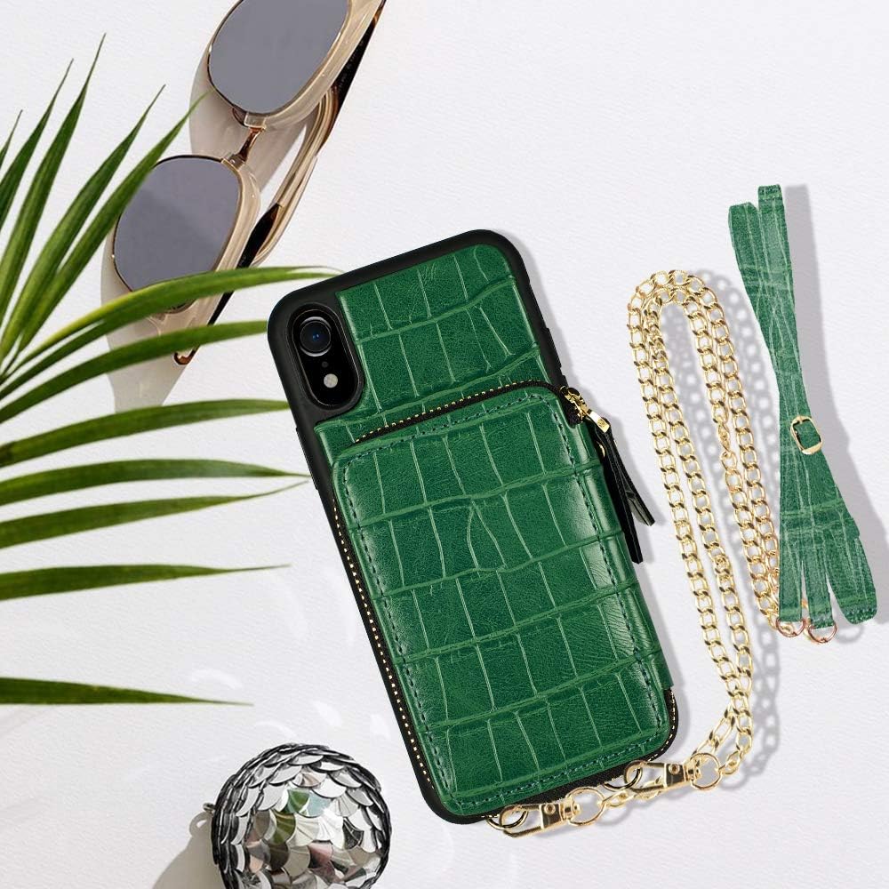 Up To 40% OFF iPhone XR Wallet Case, ZVE iPhone XR Zipper Case with Credit Card Holder Slot Crossbody Chain Strap Purse Shockproof Protective Crocodile Grain Leather Case Cover for Apple iPhone XR, 6.1 inch - Green