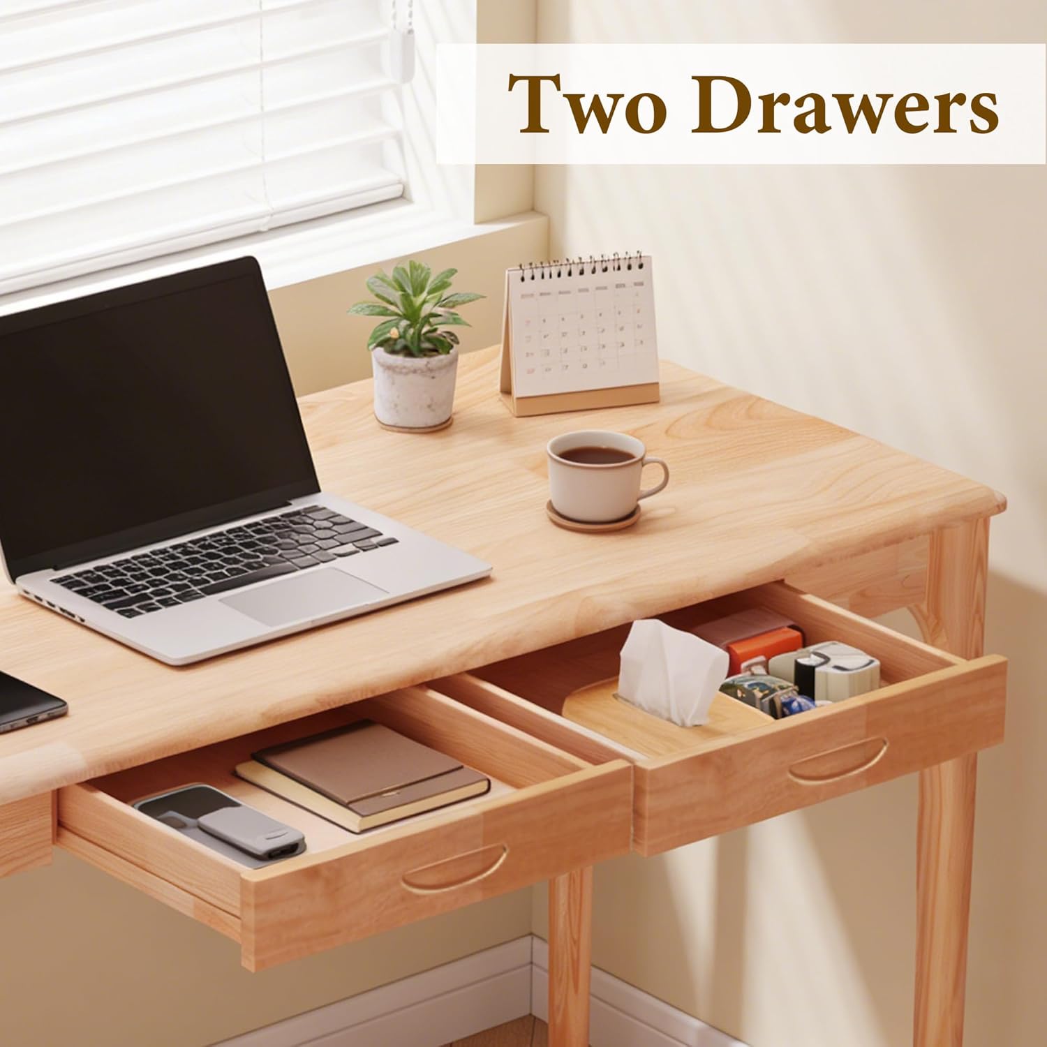 40" Solid Wood Desk with Drawers, Small Home Office Writing Wooden Desk, Gaming & Computer Desk for Bedroom, Work Study Table for Small Space(Beech,40Inch)