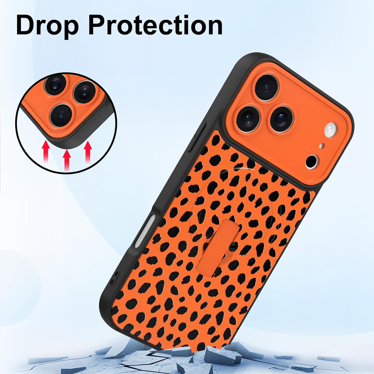 juaes Magnetic for iPhone 17 Pro Case with Finger Strap Kickstand, Compatible with Magsafe, Aesthetic Black Spot Design Phone Case, Full Camera Protection Cover for Women Girls - Orange