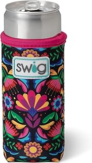 Swig Life Skinny Can Coolie, 12oz Slim Can Holder, Neoprene Insulated Cooler with Pocket, Covers for Tall Beer Bottles, Beach Accessories for Women (Caliente)