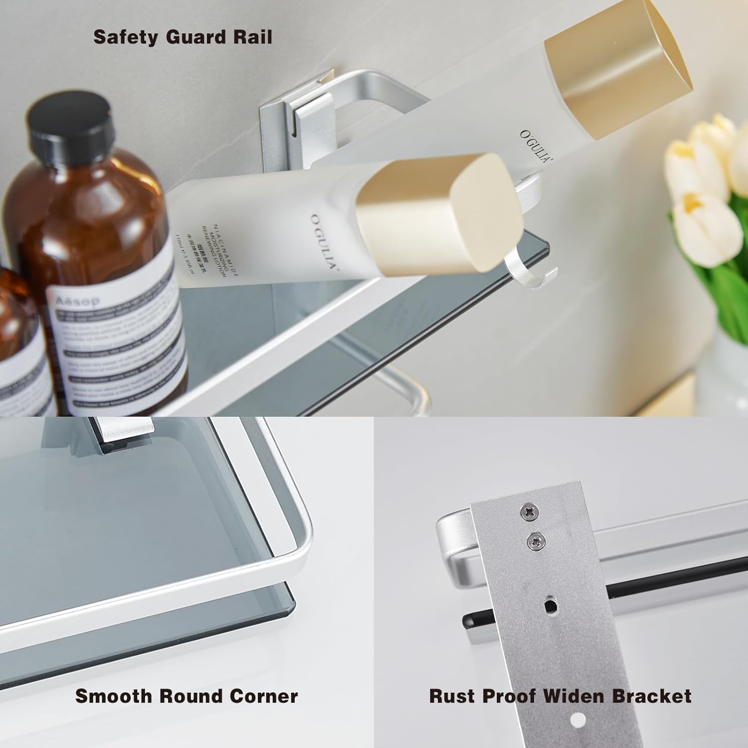 VOLPONE Glass Shelf for Bathroom 15.7 in Bathroom Shelves with Towel Bar Tempered Glass Shelves with 4 Removable Hooks for Wall（2 Tier）