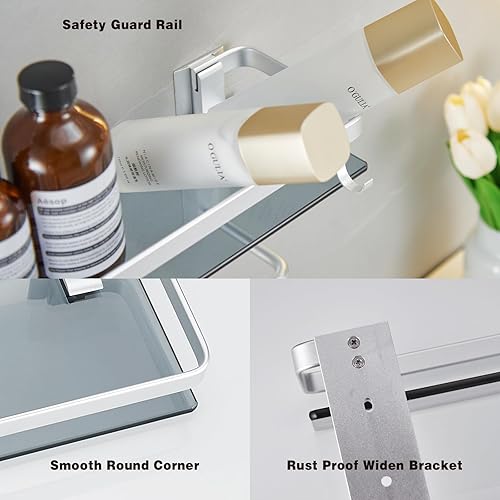 Miniatura 15 de VOLPONE Estante de vidrio para baño de 15.7 pulgadas, estantes de baño negros, estantes de vidrio templado montados en la pared con 4 ganchos