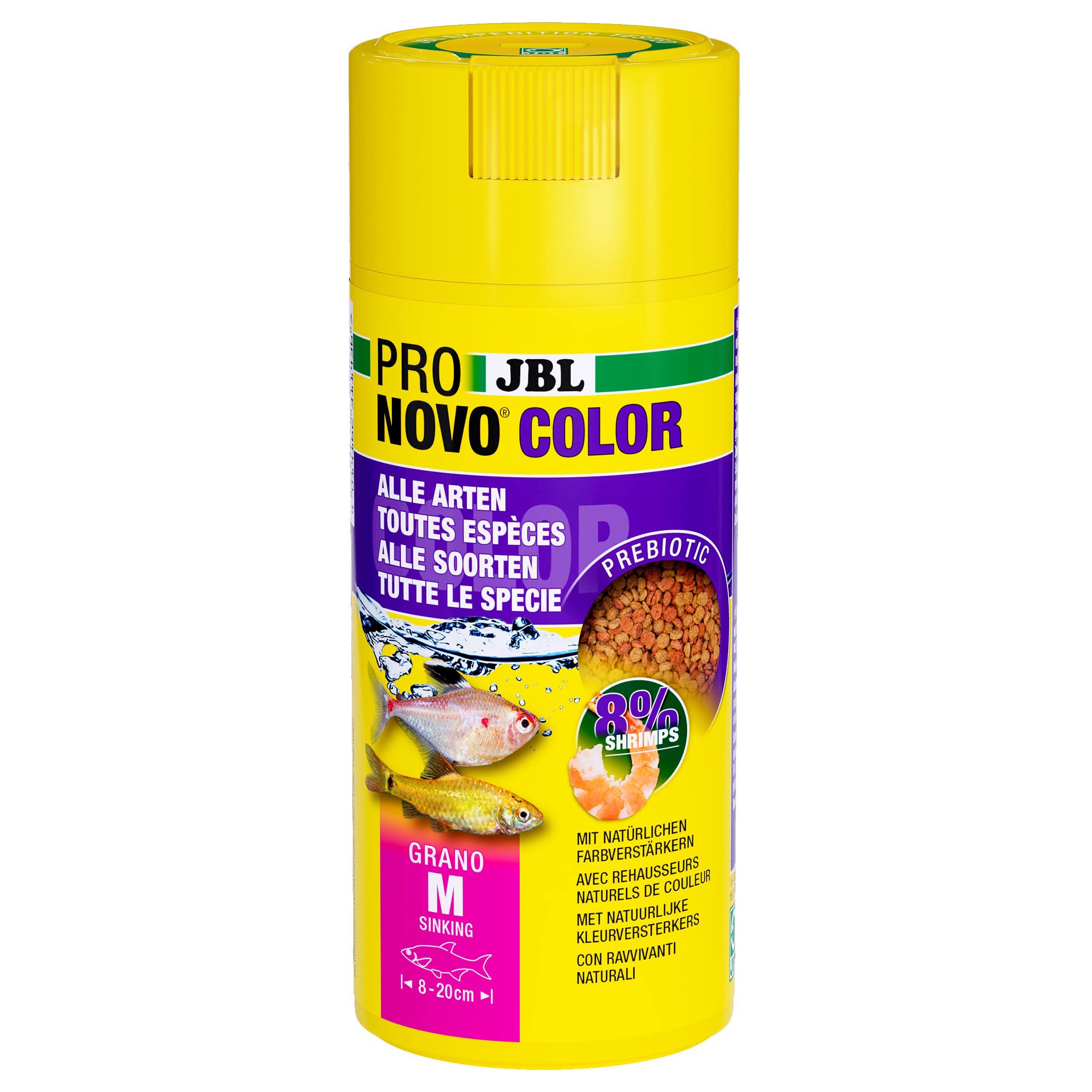 JBL Pronovo Color Grano Click - Gránulos de pienso para Todos los Peces de Acuario de 8 a 20 cm, dosificador de Clic, gránulos de pienso para Peces, tamaño M, 250 ml