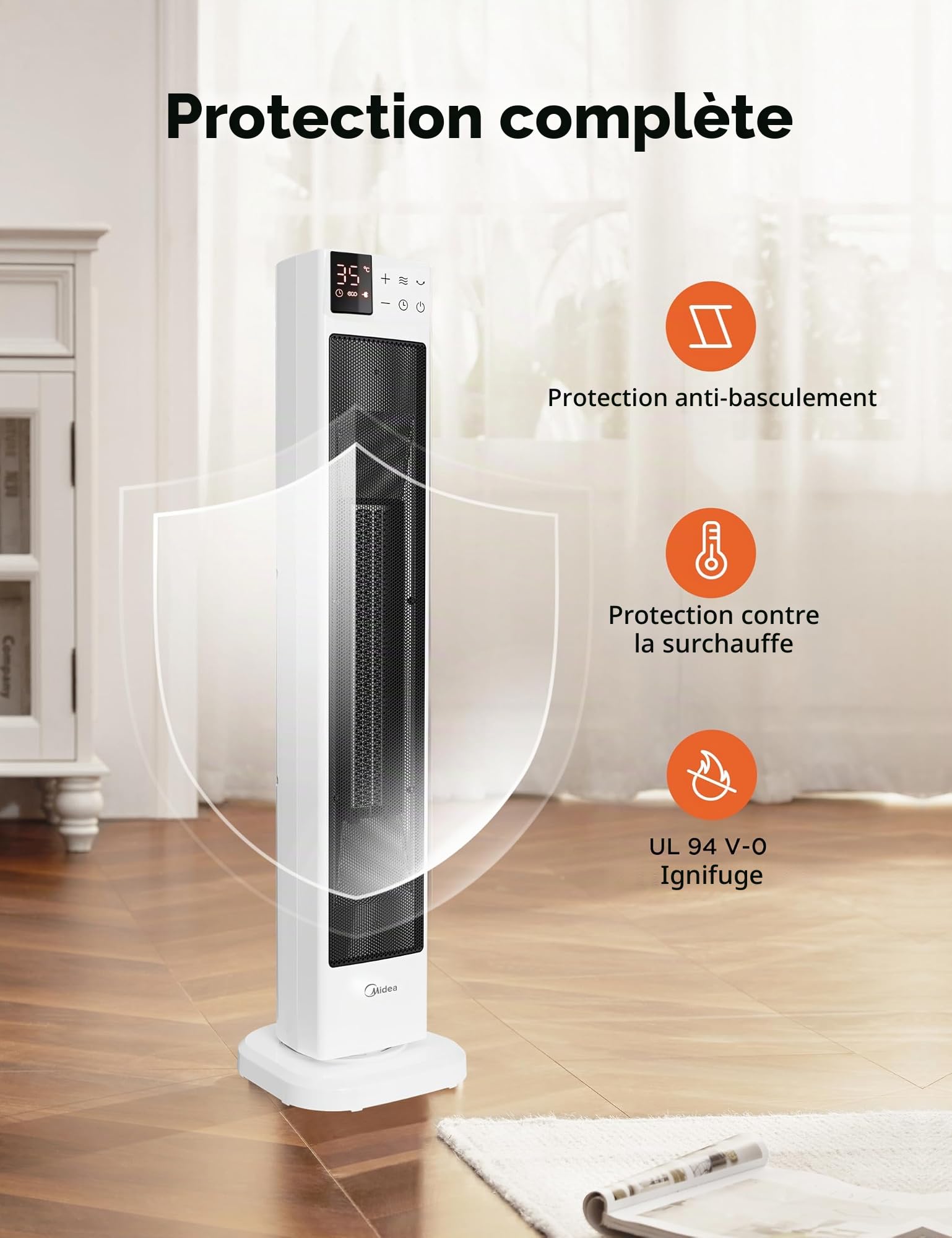 Midea Chauffage Électrique Économique et Silencieux avec Télécommande, PTC 2000W Radiateur en Céramique avec Thermostat, Minuterie 24H, Mode ÉCO, pour Grandes Pièces, Oscillation à 75°, 76,5CM