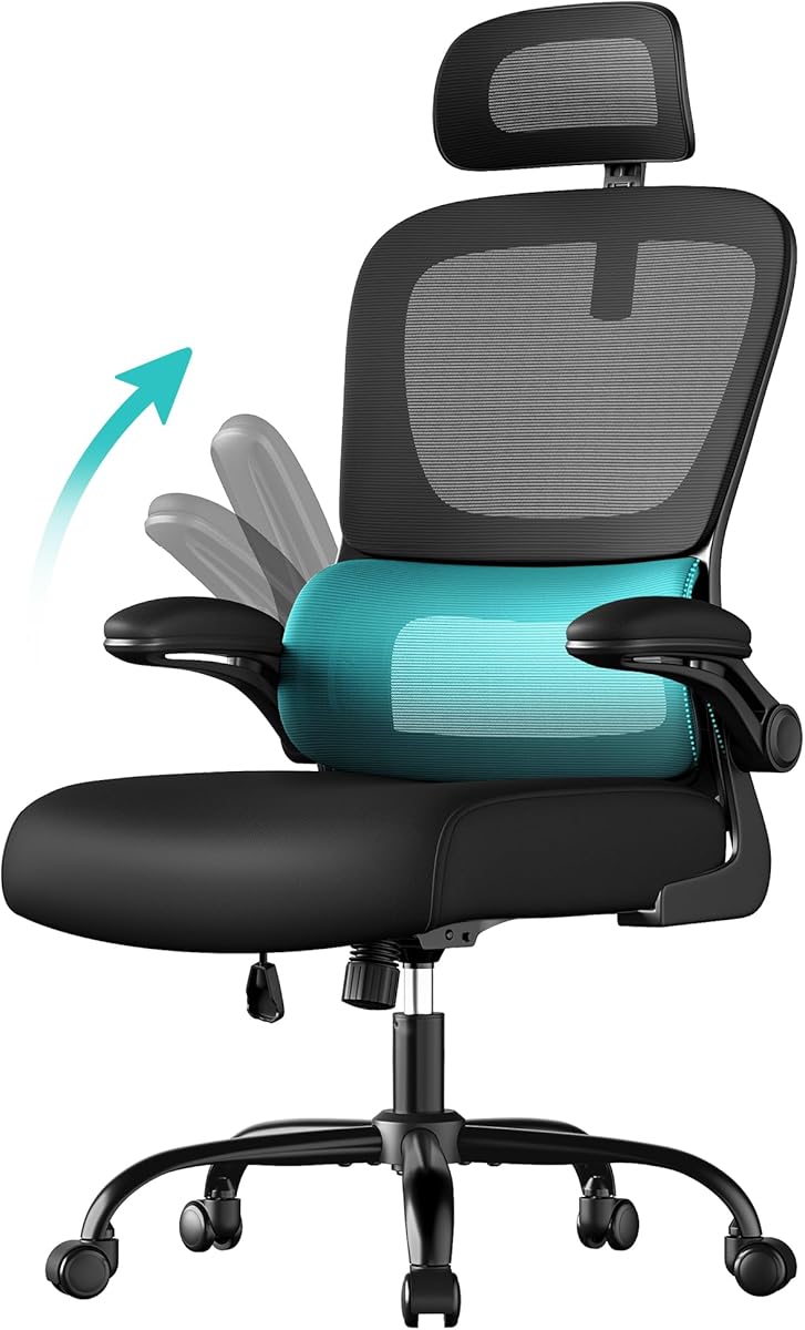 SONGMICS Office Chair, Ergonomic Mesh Chair for Desk, with Double-Layer Breathable Mesh Fabric, Dynamic Lumbar Support, Adjustable Headrest, for Home Office, Ink Black OBN041B01
