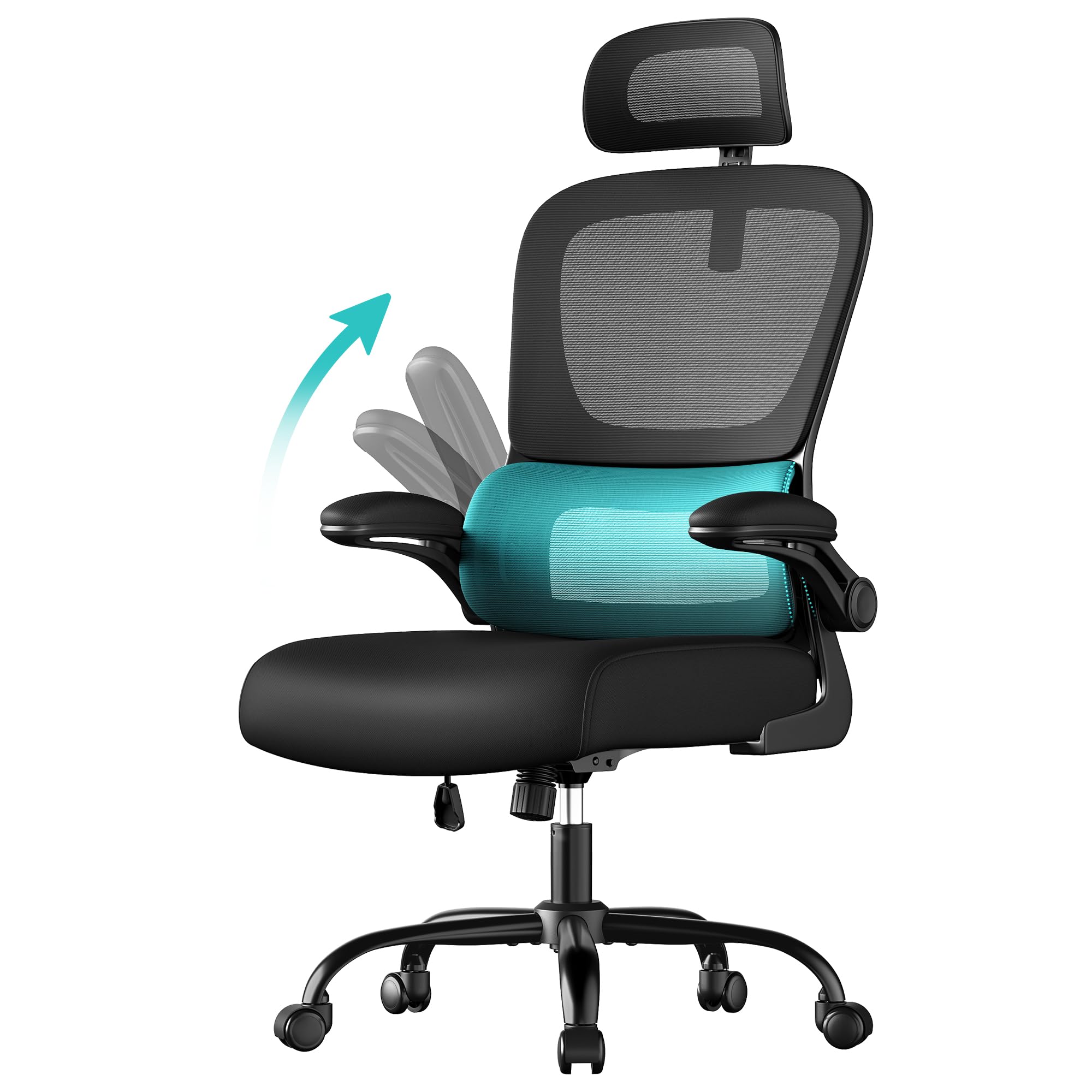 SONGMICS Silla de Oficina, Silla de Escritorio Ergonómica, Tela de Malla de Doble Capa Transpirable, Soporte Lumbar Adaptable, Reposacabezas Ajustables, para Oficina en Casa, Negro Tinta OBN041B01