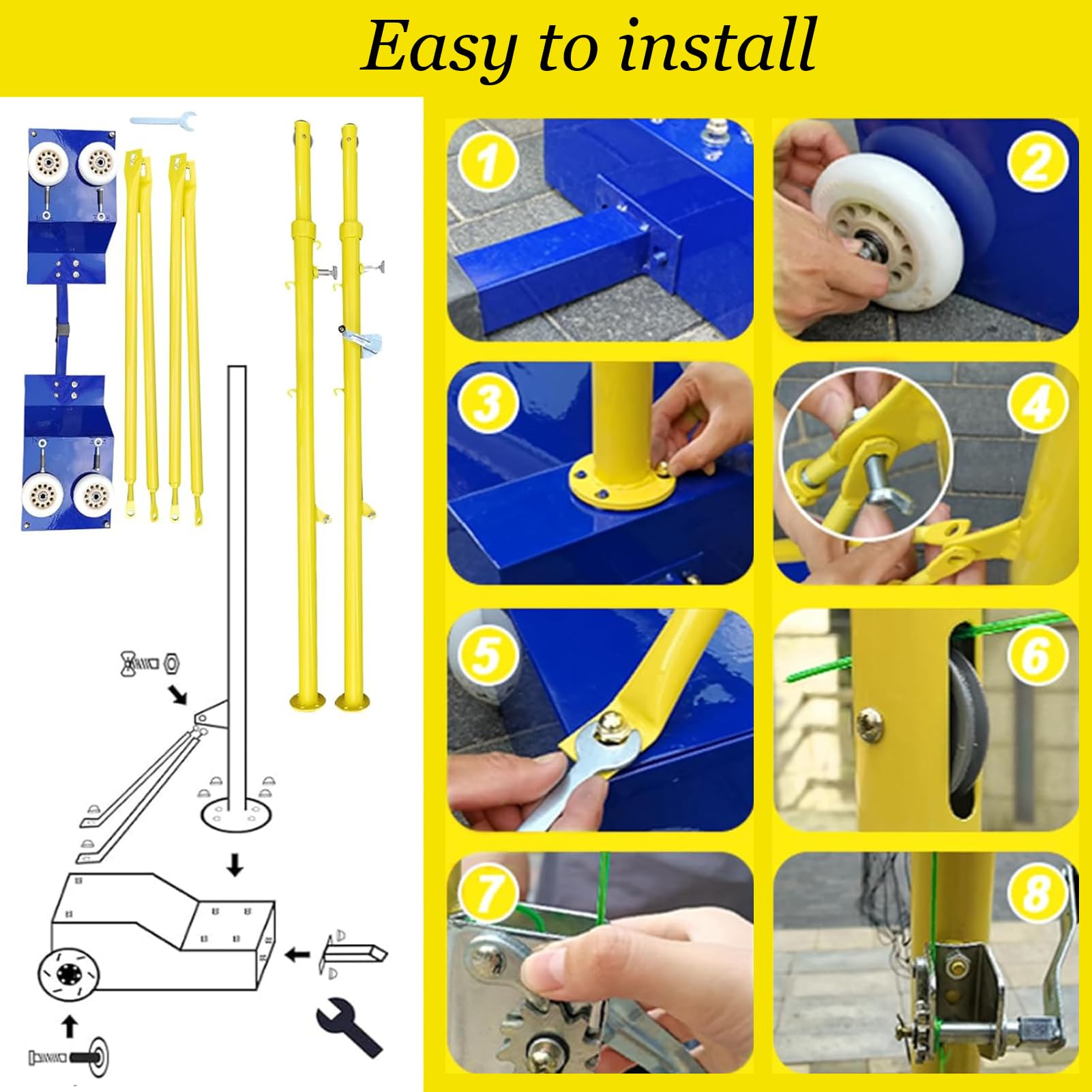 Pali per Rete Badminton e Pallavolo con Base Stabile | Set Pali da Giardino Regolabili 5-6.9 Piedi | Rete Unica per Badminton e Volley, palo da pallavolo Portatile Mobile per Giardino