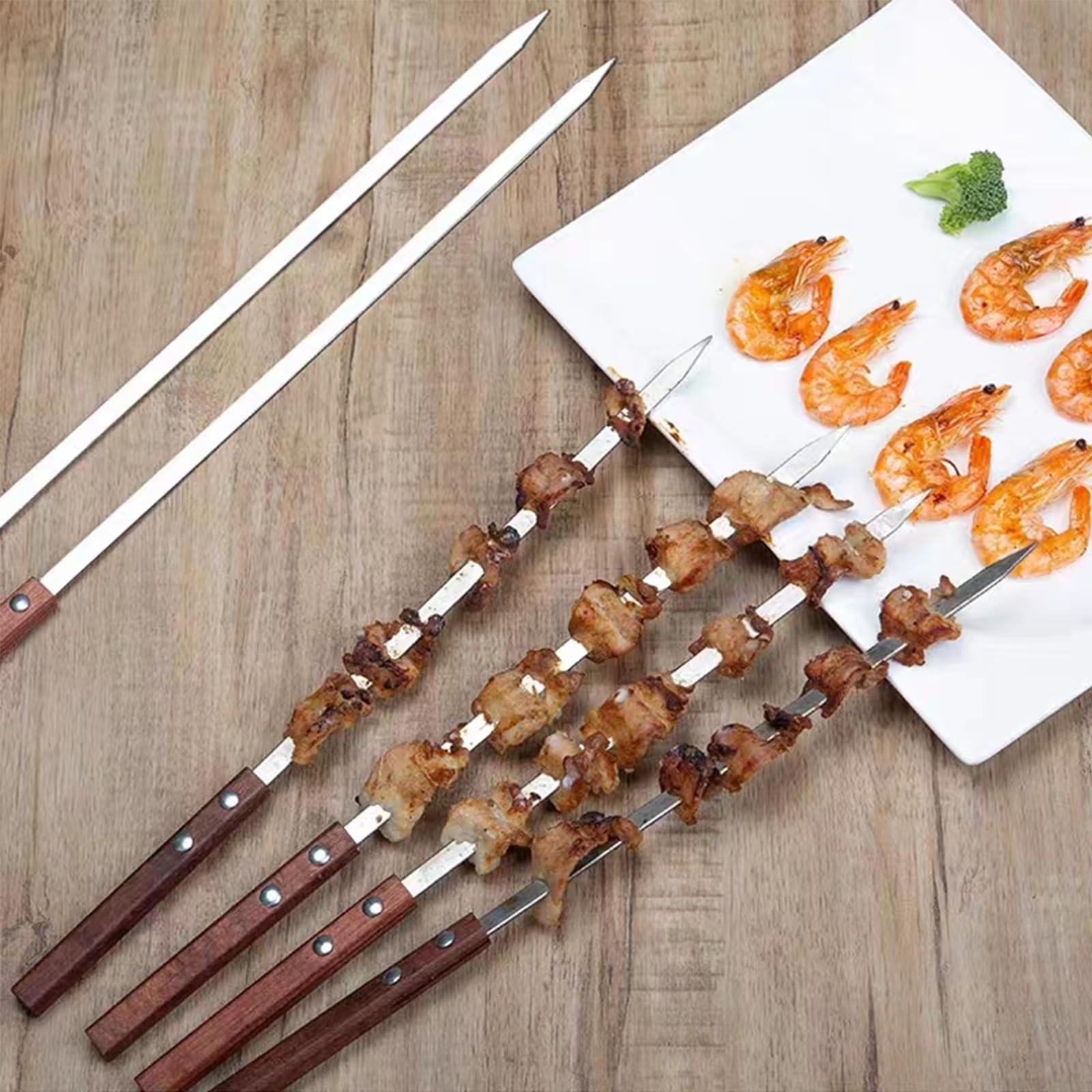 Brochettes Manche Bois 8 Brochettes Réutilisables En Inox - 40 Cm, Manche Bois - Barbecue, Jardin, Camping Accessoire Grillade - 9
