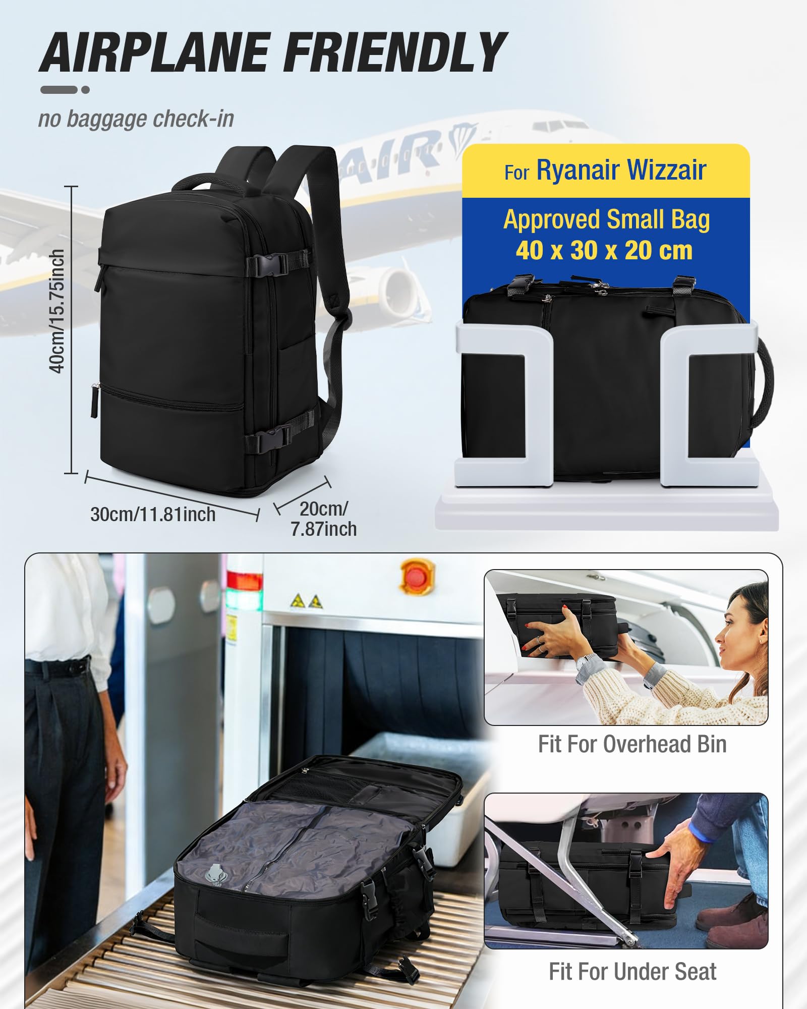 Plecak próżniowy,bagaż podręczny,40x30x20,Ryanair,plecak podróżny,wodoodporny,podręczny,do samolotu,plecak turystyczny,codzienny plecak z pompką,B01-czarny