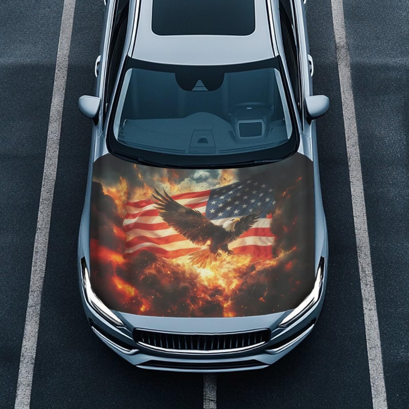 Car Hood Cover,Eagle and American Flag Print Protector 59×39 Inch Stretchable Car Hood Wraps Auto Outdoor Decorations for Compact Sedans SUV Trucks Minivan