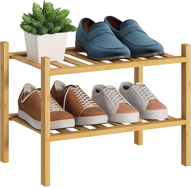 BMOSU 2-Tier Organisateur de rangement de étagère de chaussures empilables pour le placard de Hallway Salle de séjour Organisateur d'entrée (Bambou naturel)