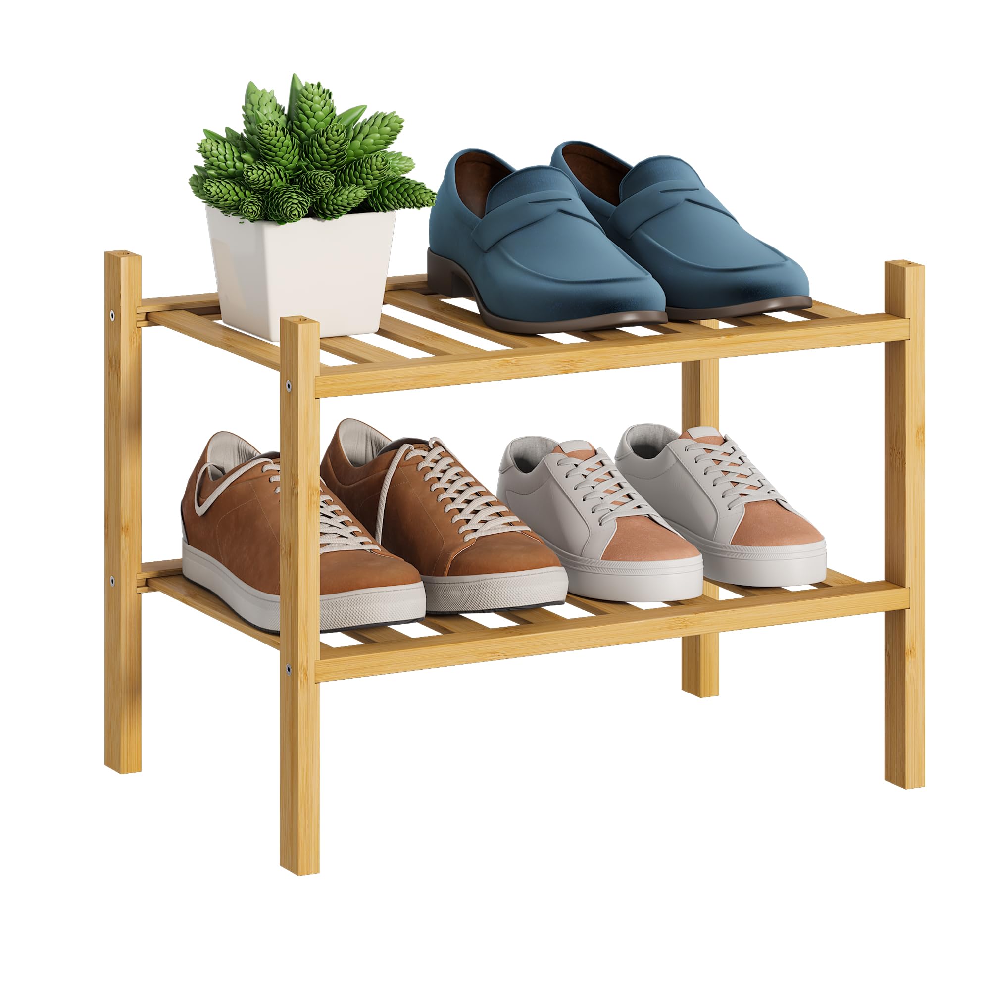 BMOSU 2-Tier Bamboo Small Shoe Rack Premium Stackable Shoe Shelf Storage Organizer for Hallway Closet Living Room Entryway Organizer (Natural Bamboo)