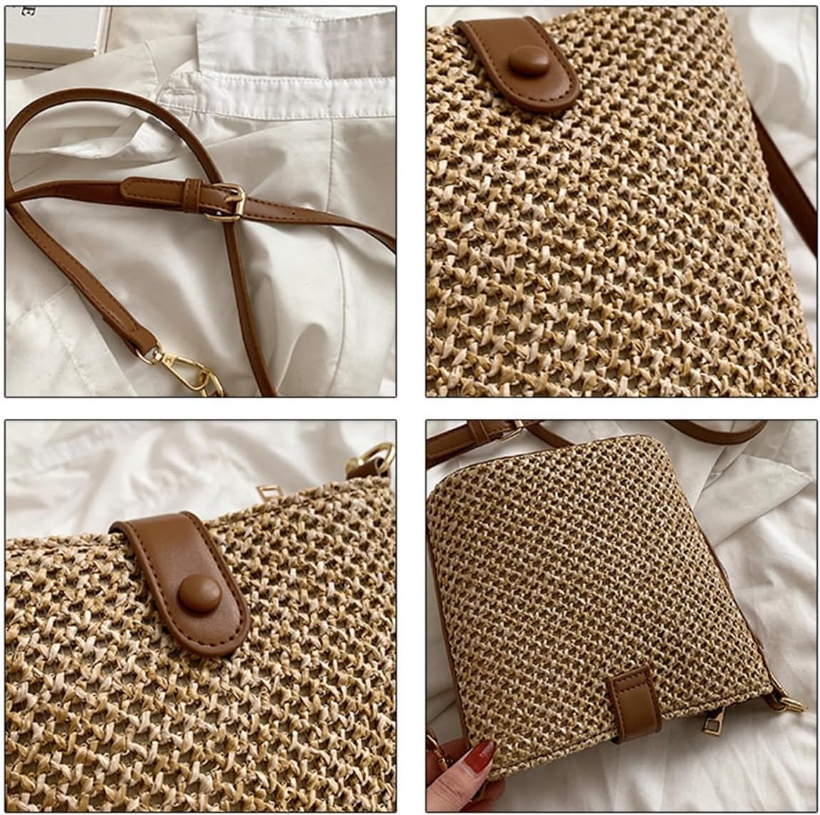 Women Straw Crossbody Bag Beach Handmade Rattan Shoulder Bags Hand Woven PU Straps Straw Clutch Purse Vacation