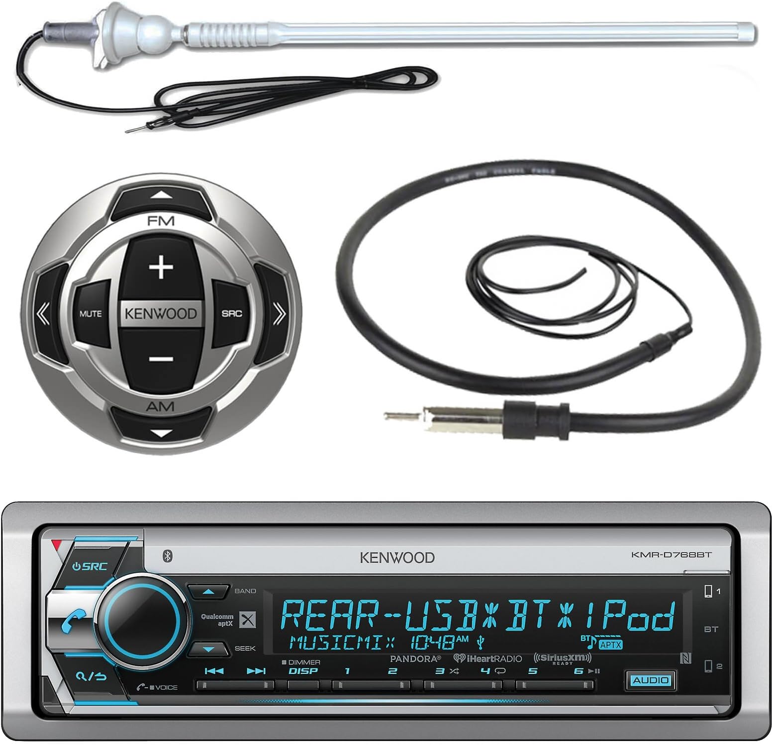 Kenwood MP3/USB/AUX Marine Boat Yacht Stereo Bluetooth Receiver CD Player Bundle Combo w/ RC35MR Wired Remote Control, Enrock Water Resistant 22" Radio Antenna, Outdoor Rubber Mast AM/FM 45" Antenna