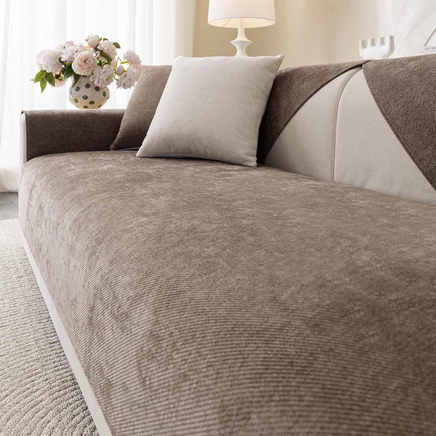 Soft Plush Couch Cover Washable, Non Slip Pluffy Sectional Sofa Covers for 3 Cushion Couch Sofa L Sharped Sofa Slipcover, Furniture Protector for Pets (1 PCS 36"x94" Coffee)