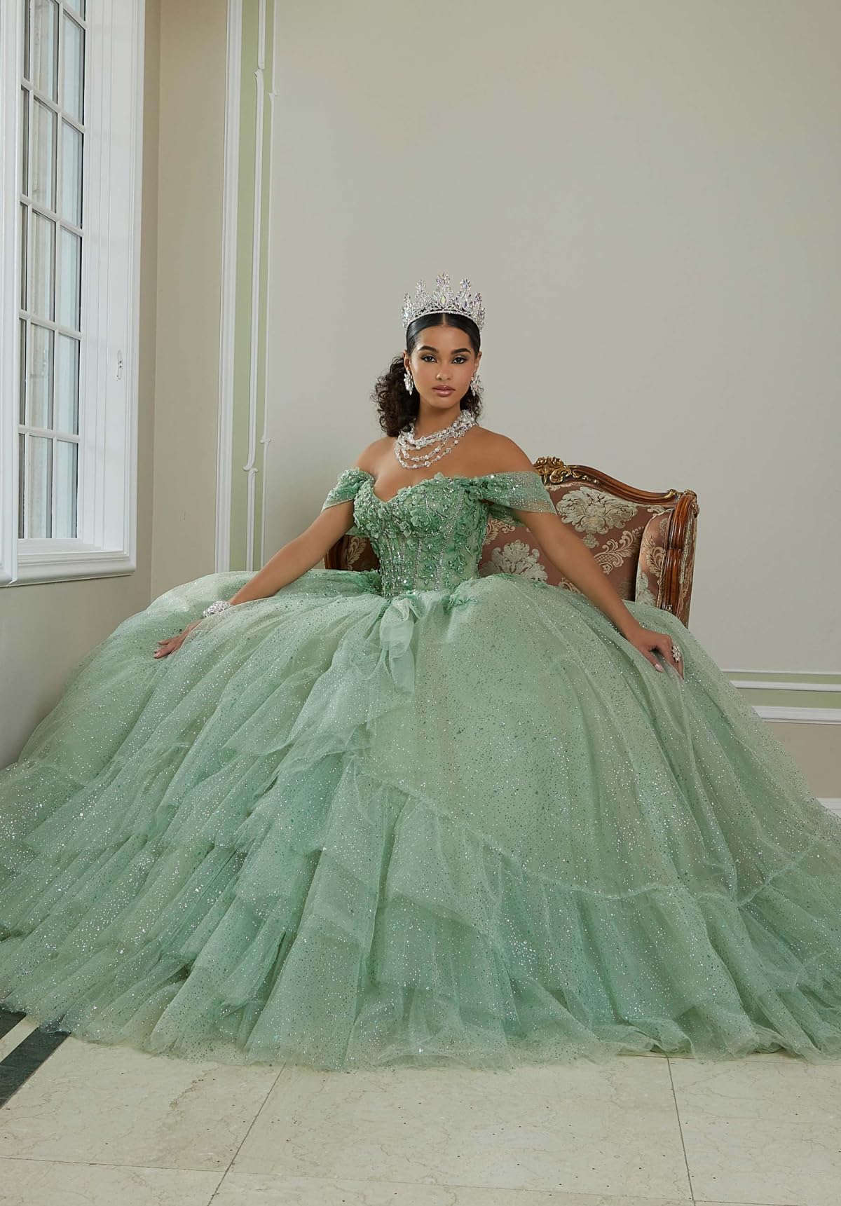 Vestidos de quinceañera con Volantes Hombros Descubiertos Tul Lazo Dulce 16 Cola MT025