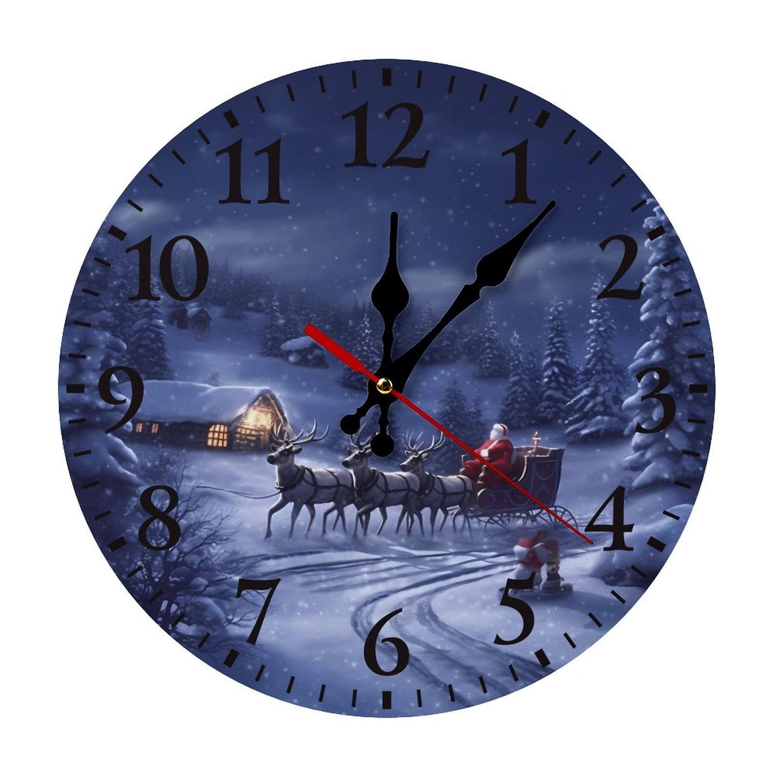 NTVOWPZO 10 Inch Wall Clock Snow Night Santa and Deer Battery Operated Wall Clocks Silent Non-Ticking Round Wall Clock for Living Room Kitchen Home Office Wall Decorative Clock