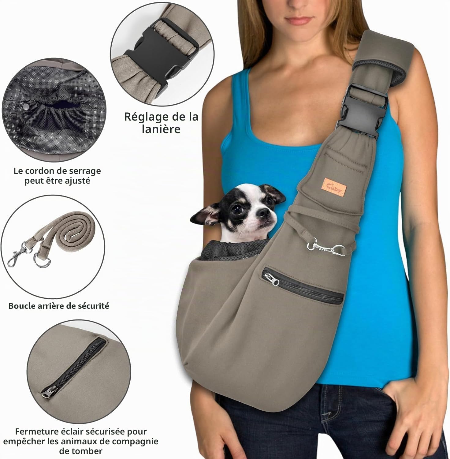 CUBY Sac de transport pour chiot, réglable et réversible pour chiens de petite et moyenne taille, mains libres, bandoulière de protection avec ceinture de sécurité, poche zippée, tapis inférieur