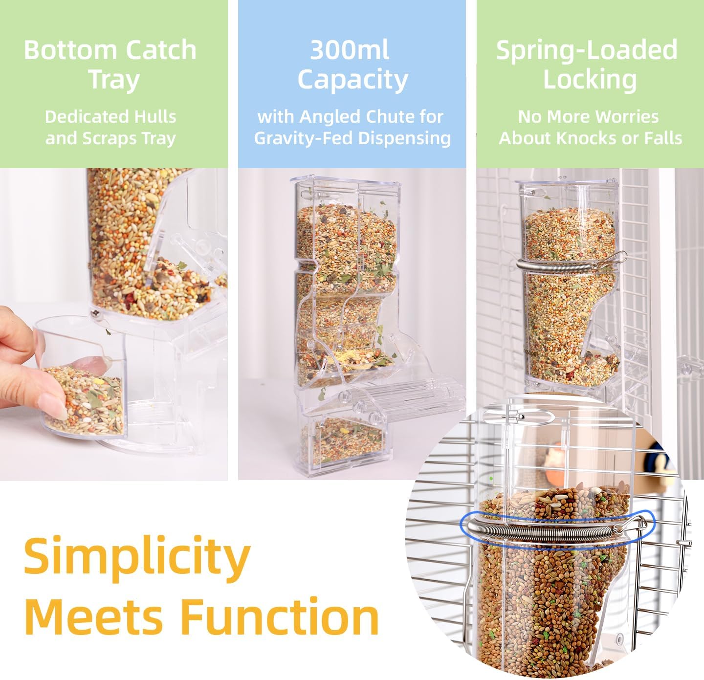 No Mess Bird Feeder, Automatic Parrot Feeder for Cage with Bottom Drawer, 300ml/10oz Clear Acrylic, Spring Lock & Perch for Cockatiels, Parakeets, Lovebirds, Budgies, Canaries, Conures and Parrots