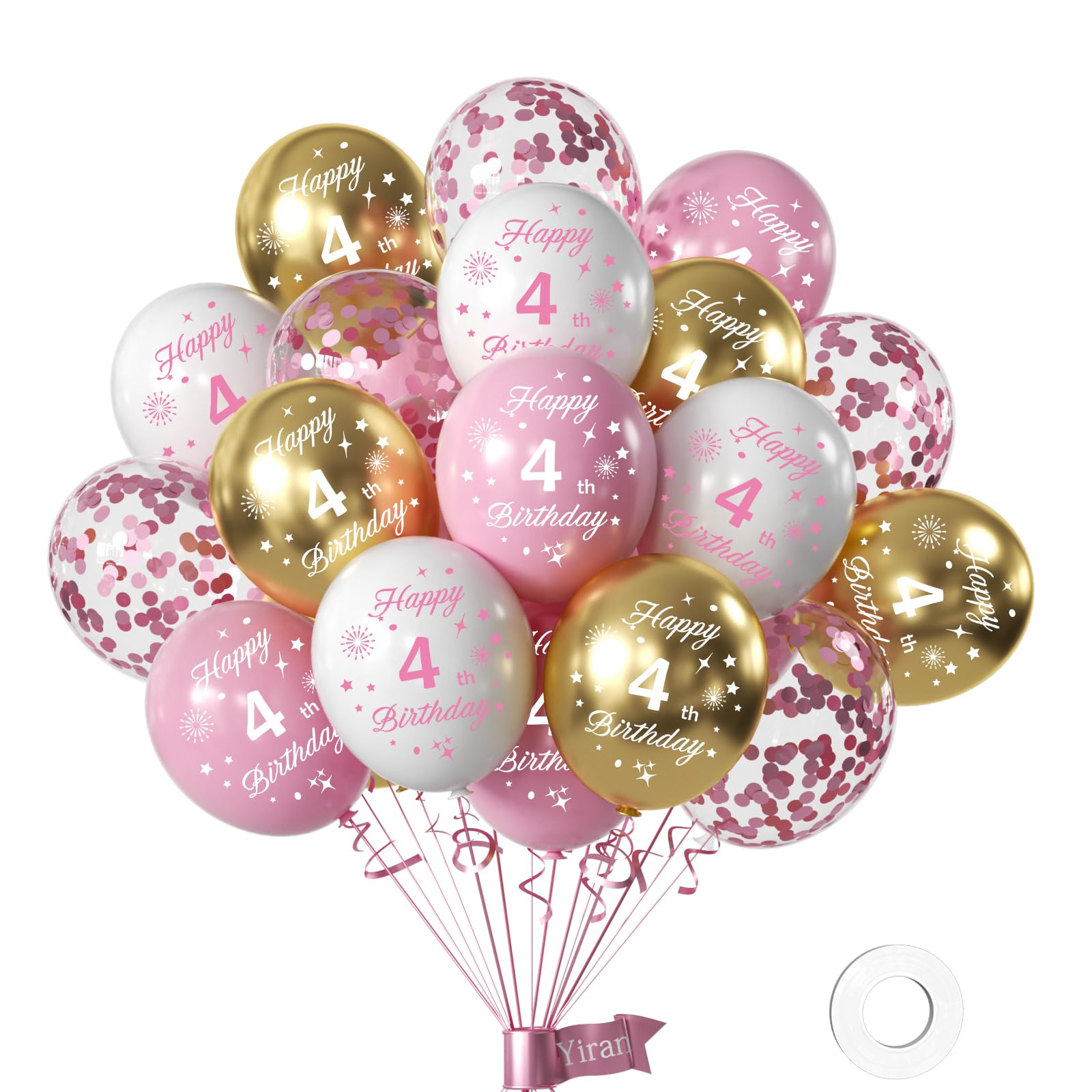 Girls 4th Birthday Balloons Pack - 16Pc, 12inch Pink and White Gold Happy 4th Birthday Printed Latex Party Decorations, Numbers for Girls Anniversary Party Supplies