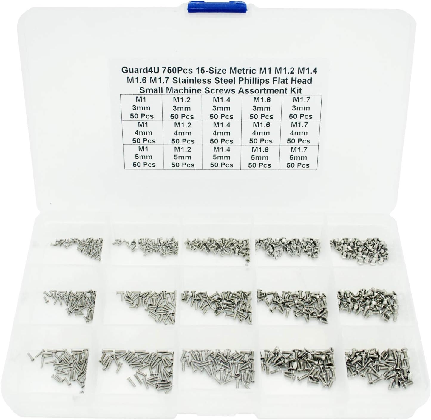 750Pcs 15-Size Metric M1 M1.2 M1.4 M1.6 M1.7 Stainless Steel Phillips Countersunk/Flat Head Small Machine Screws Assortment Kit