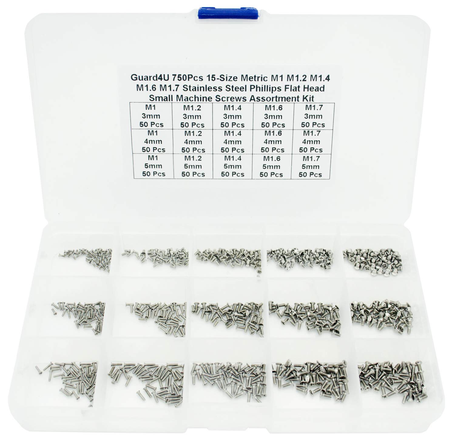 750Pcs 15-Size Metric M1 M1.2 M1.4 M1.6 M1.7 Stainless Steel Phillips Countersunk/Flat Head Small Machine Screws Assortment Kit