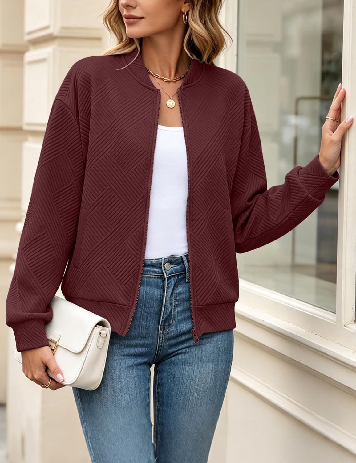 WROLEM Womens Casual Bomber Jacket Zip Up Long Sleeve Textured Jacket Loose Fit Comfy Fall Spring Outwear Coat image 5