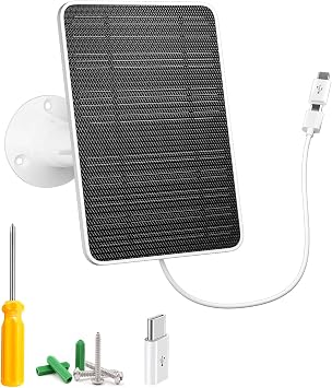 Solar Panel for Security Camera, 5W USB Solar Panel for DC 5V Security Camera, Micro USB & USB-C Port Solar Panel, IP65 Waterproof Solar Charger for Camera,360 Adjustable Mounting 13ft Cable, 1 Pack