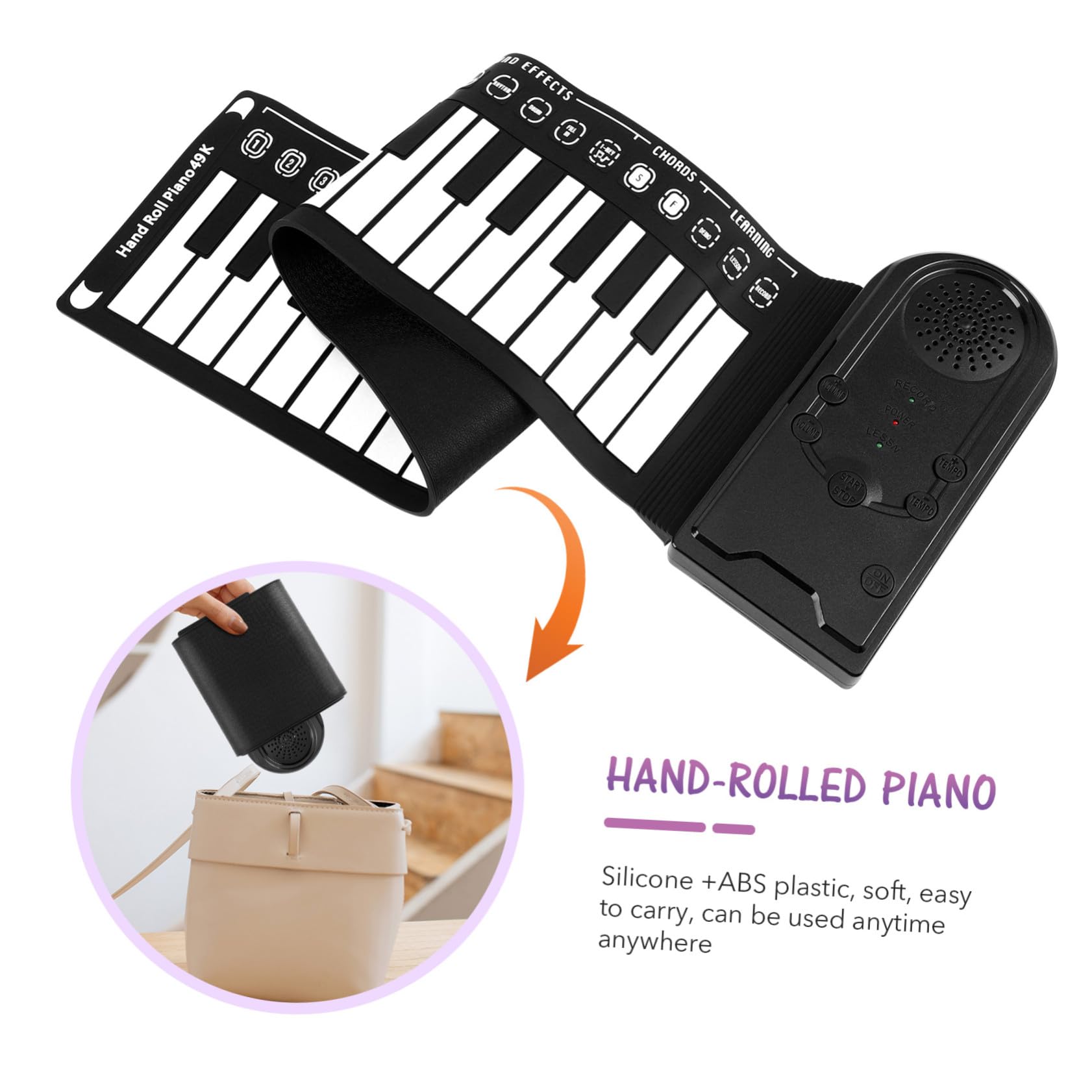 Abaodam Pianoforte Elettronico Arrotolabile a 49 Tasti Alimentazione a Batterie Aa e Cuffie, Tastiera Digitale Pieghevole Portatile Per Adulti e Principianti