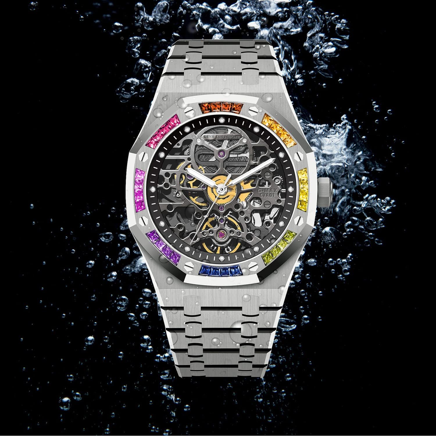 GeYa Redhai Automatic Mechanical Watch Skeleton Stainless 50M Waterproof Anti Shock Casual Diver Men Wrist Watch Sterling Watches Chronograph Analog Business Casual Fashion Adjustable Silicone Band