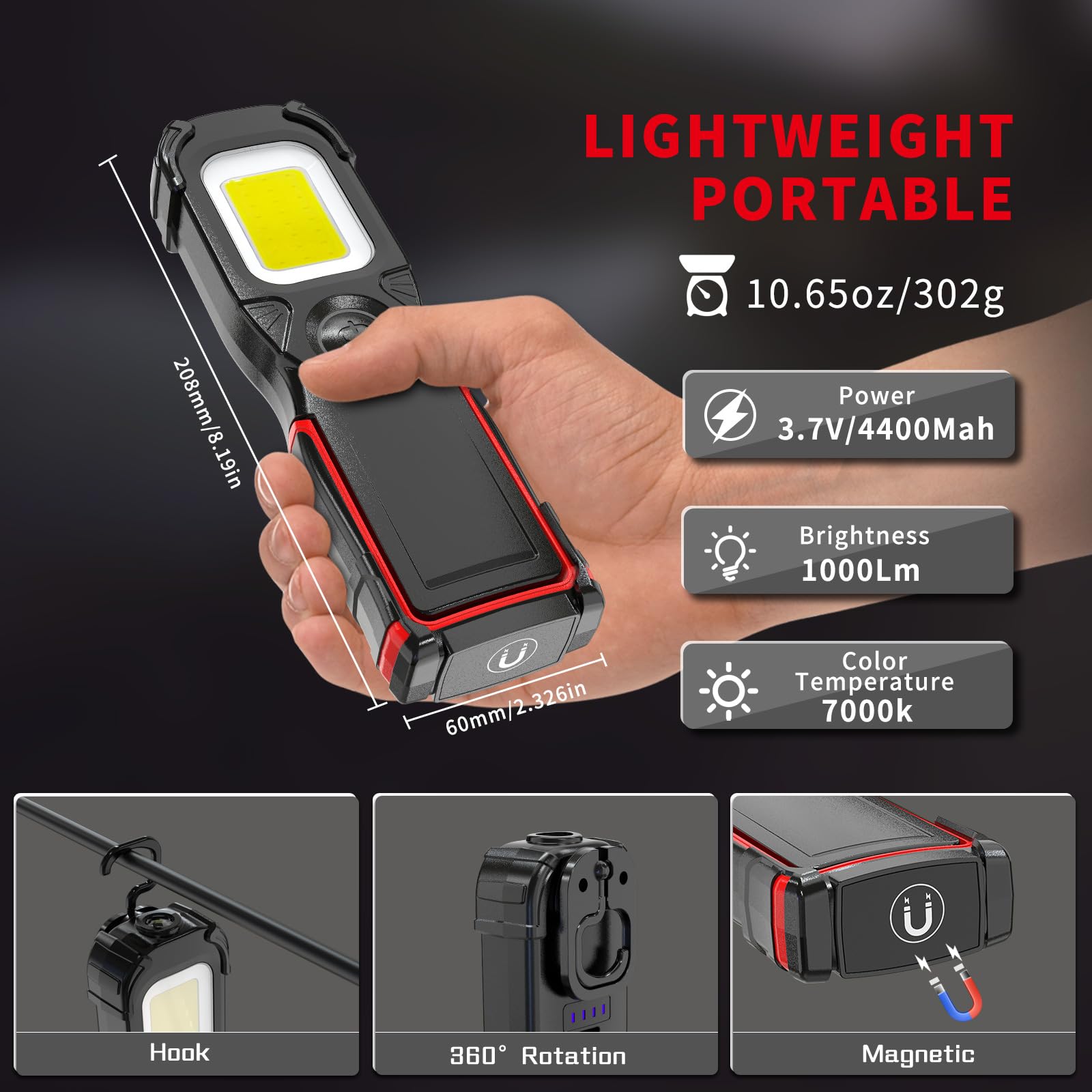 AuRiver Led-werklamp, 2000 lumen, super heldere werkplaatslamp, oplaadbaar, draagbare acculamp, inspectielamp met magnetische voet, voor garage, werkplaats, bouwplaats, camping, rood 1