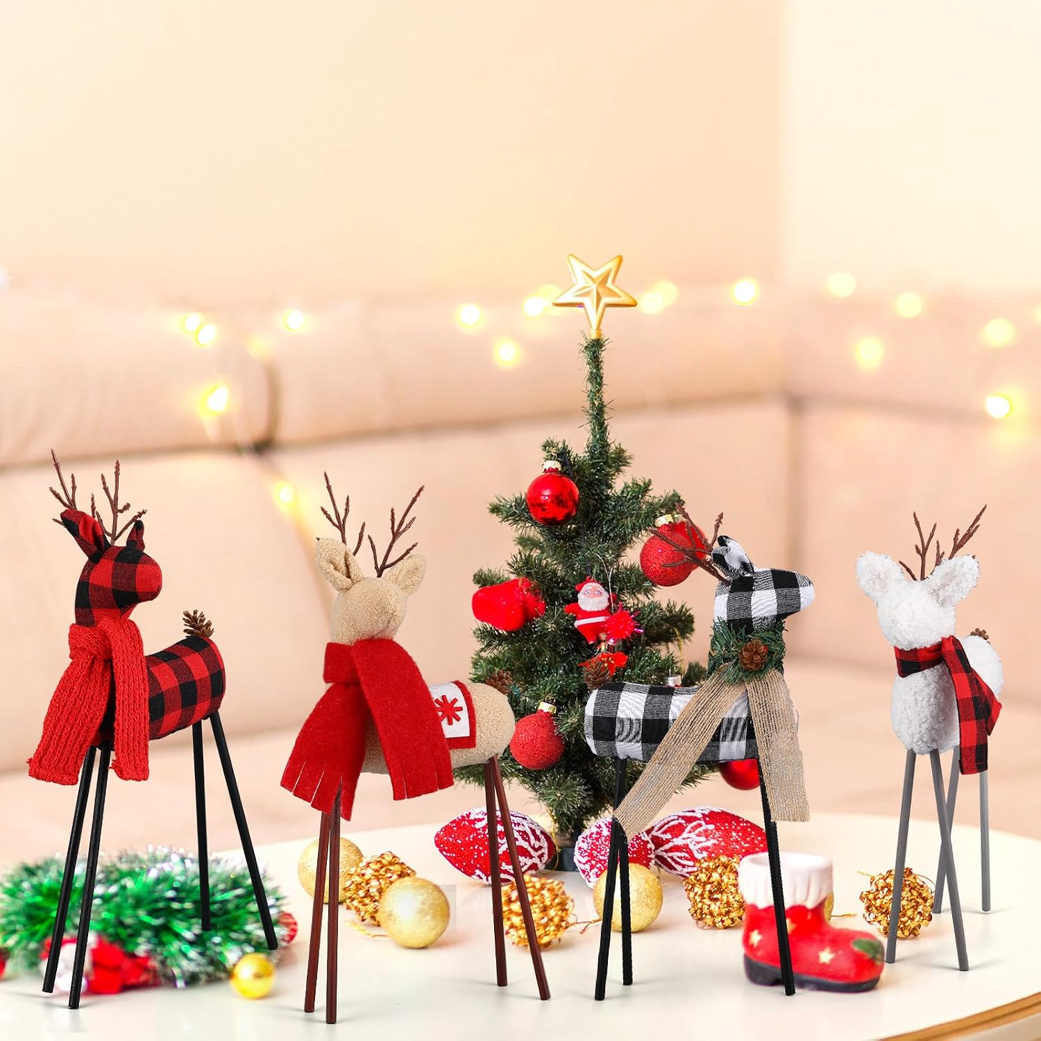 Leinuosen 6 Pcs Reindeer Christmas Decoration Standing Christmas Reindeer Decor Plush Swedish Elk Figurines Xmas Sculpture Deer for Home Indoor Office Holiday Decor