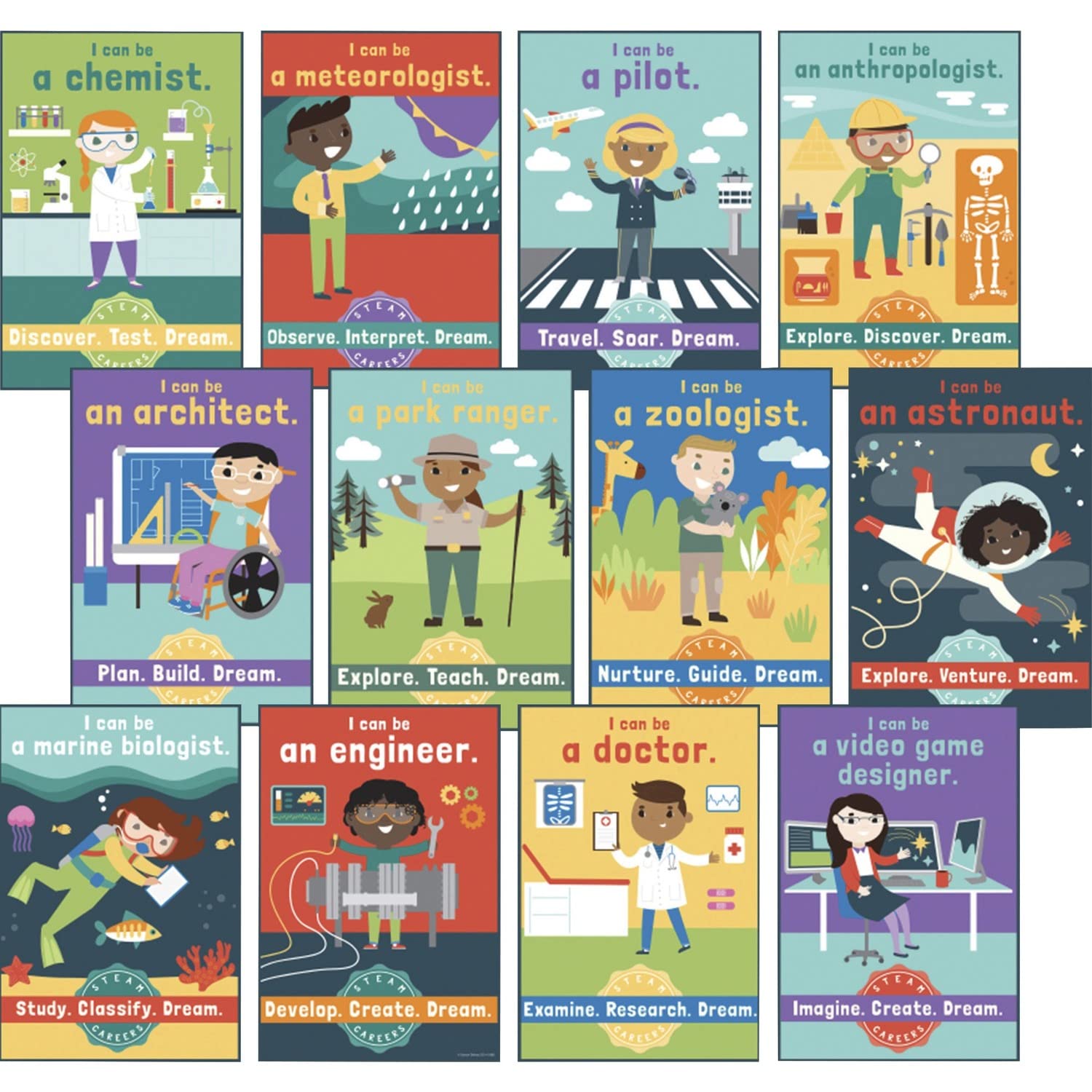 Carson Dellosa 12-Piece STEAM Careers Posters, 8.5" x 11" STEM for Kids Wall Art with Positive Affirmations for Bulletin Board, Door, Science Classroom Must Haves