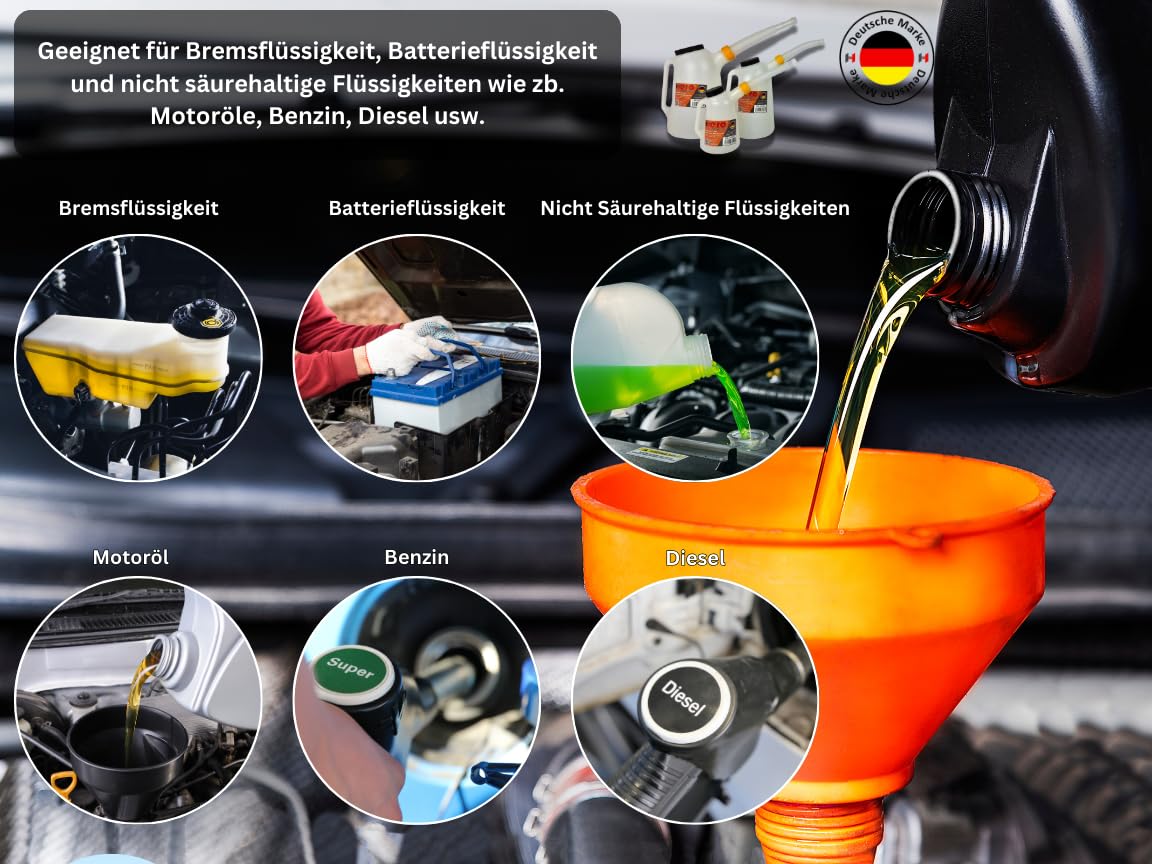 HERO Ölkannen Füllkanne Messkanne SET 1L + 3L + 5L Messbecher mit flexiblem Ausgussstutzen und Deckel Wasser Kanne Auto Ölwechsel Kfz