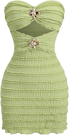Womens Cut Out Mini Tube Top Dress Summer Metal Floral Strapless Bodycon Y2k Party Club Dresses