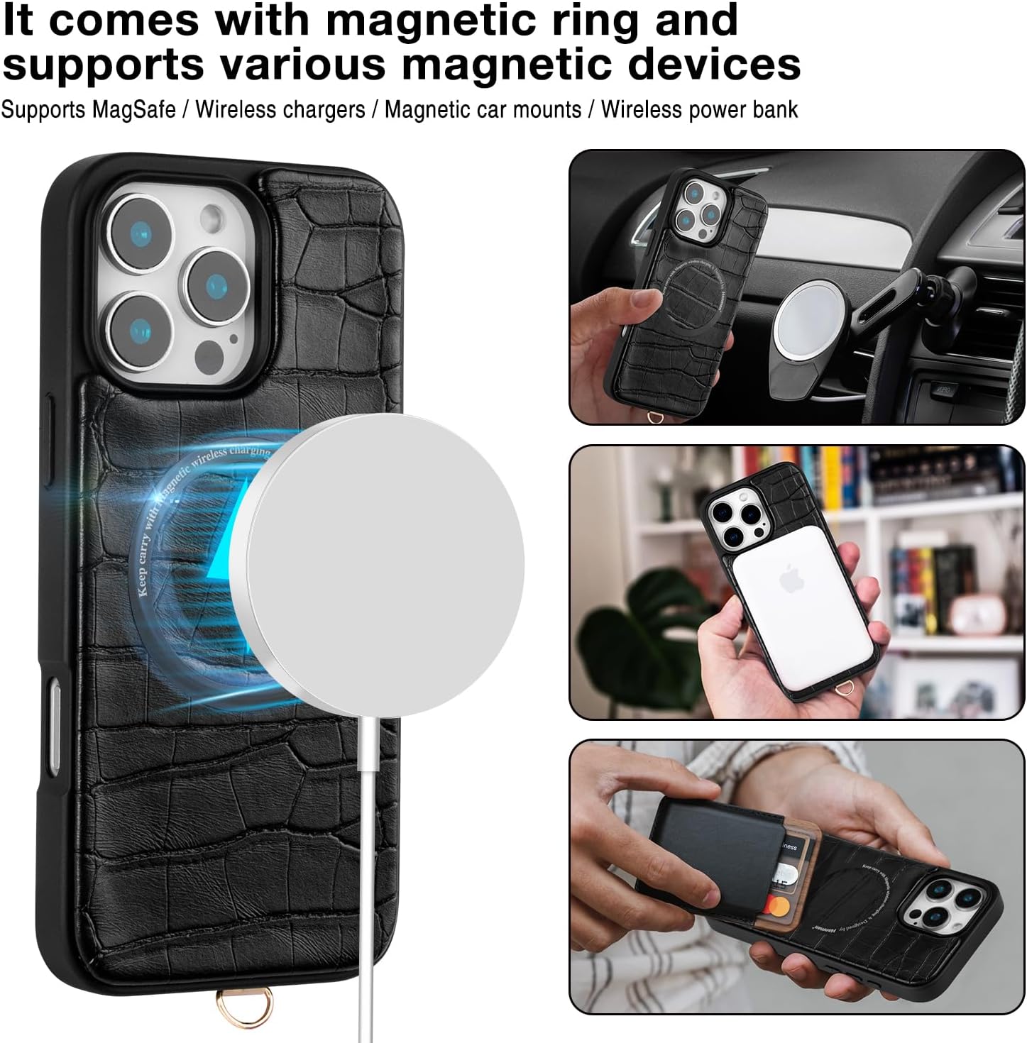 Hanman Magnetic Wallet Case for iPhone 16,RFID Blocking Leather Zipper Purse Magnetic Case with Chain Patche for iPhone 16,Detachable Magnetic Wallet Case for iPhone 16-Black