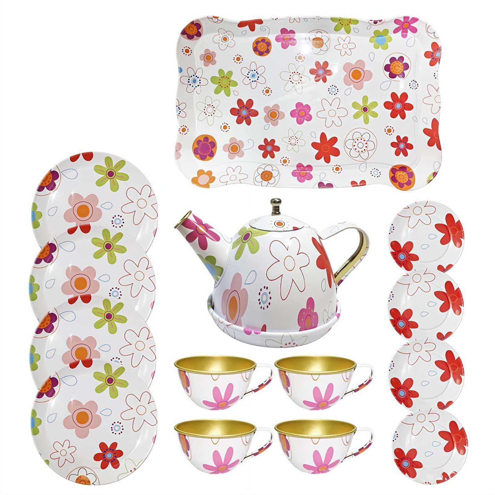 Kids Tea Party Set, Pretend Play Kitchen Party Dessert Cookies Teapot Tray, Metal Flower Te-a Se-t Toys for Toddlers Girls