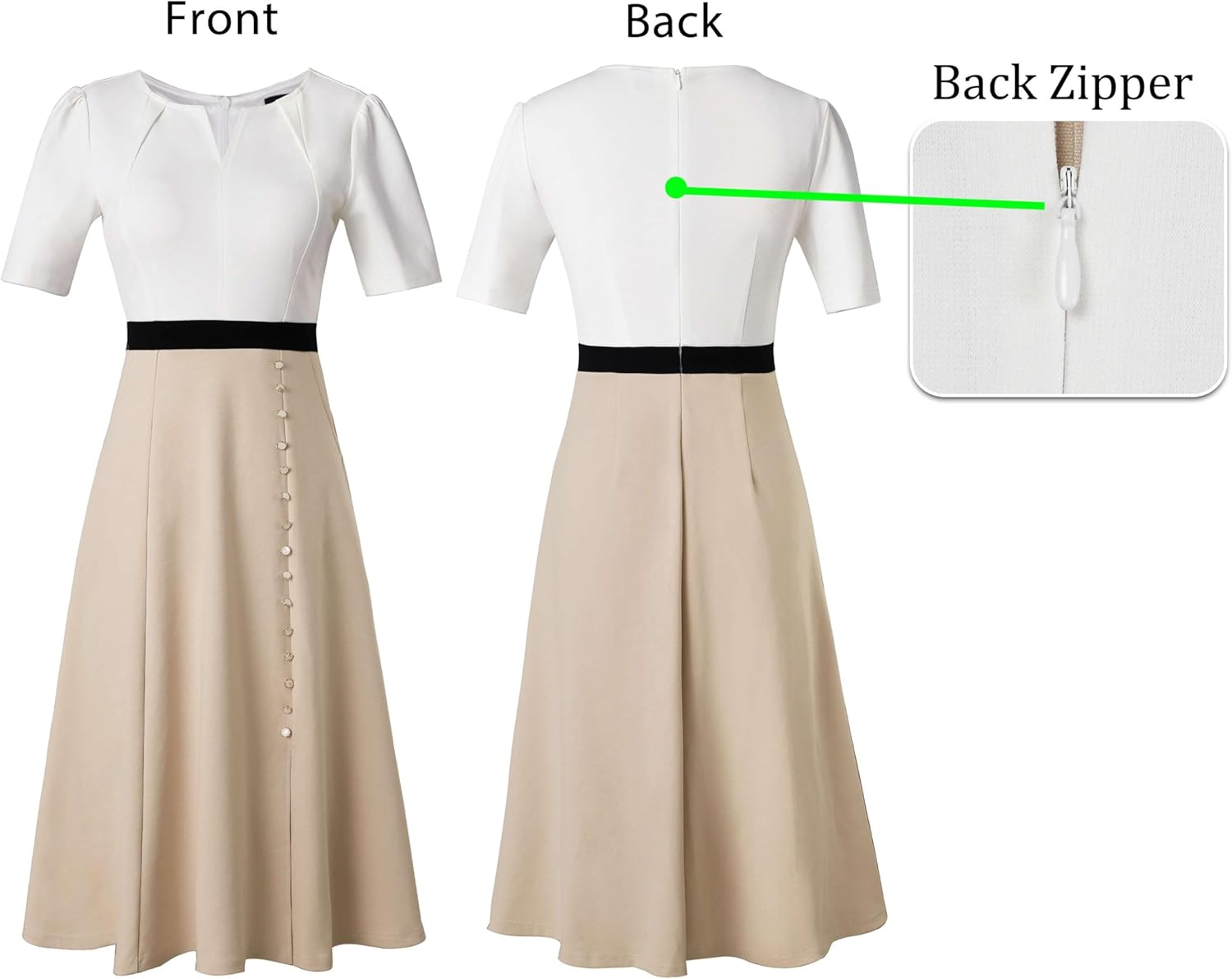 VFSHOW Women Pleated Notch V Neck Pockets Buttons Work Office Business A-Line Midi Dress - Image 4