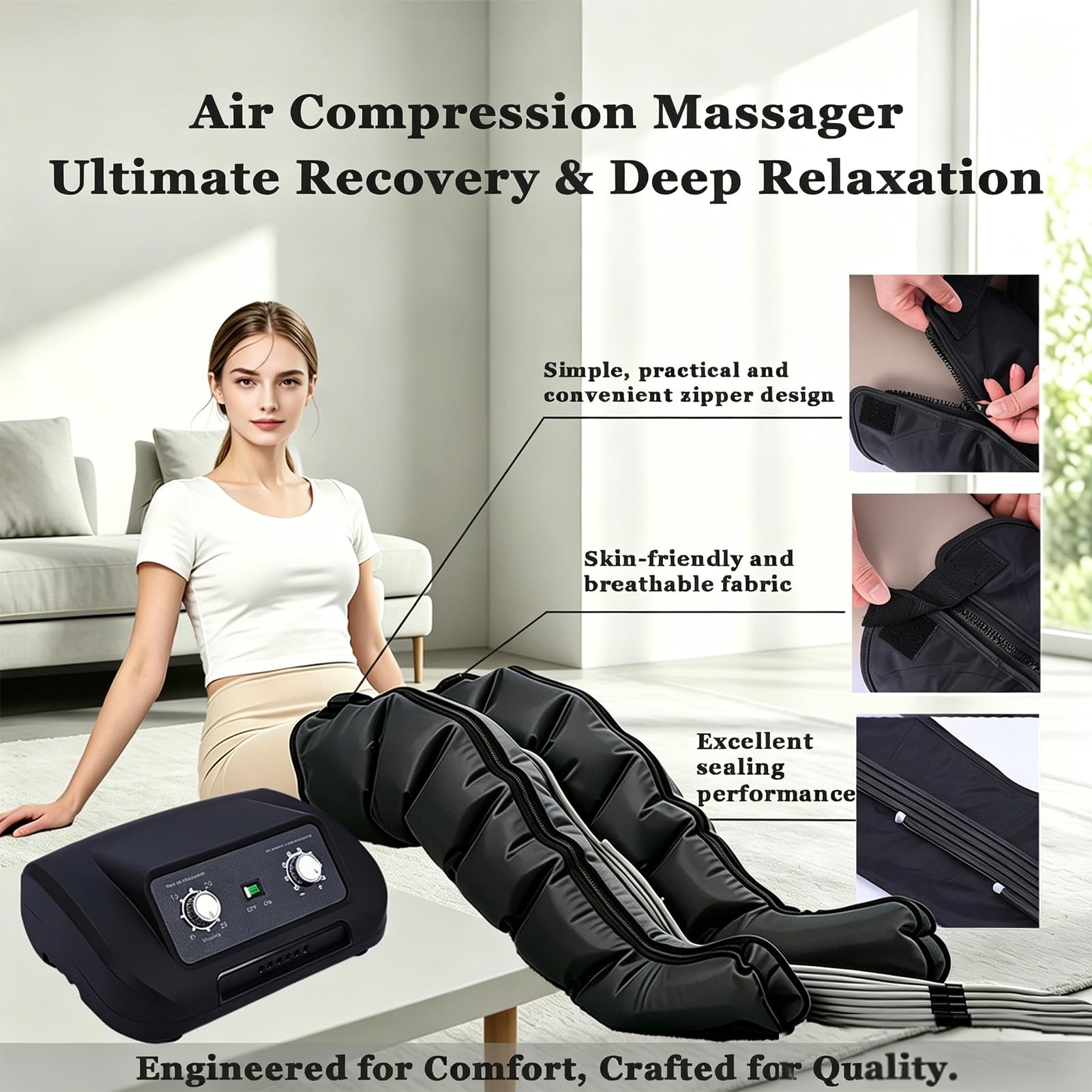 Appareil de Pressothérapie, 6 Chambres, Drainage Lymphatique, Jambes, Ventre et Bras, Pression Réglable 0-240mmHg, Minuteur 0-30 Min (XL, 2legs + waist)