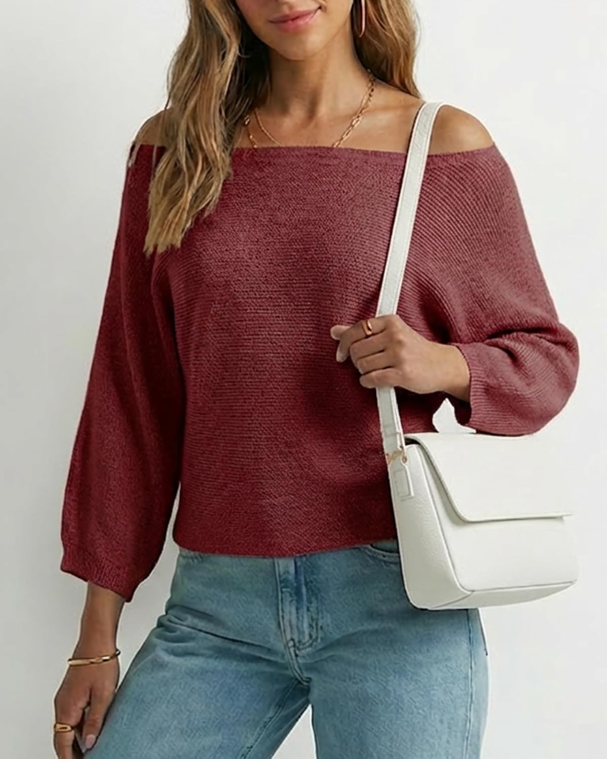 Womens Off The Shoulder Poncho Sweaters 3/4 Sleeve Boat Neck Trendy 2026 Loose Knit Ponchos Jumper Tops - Image 5