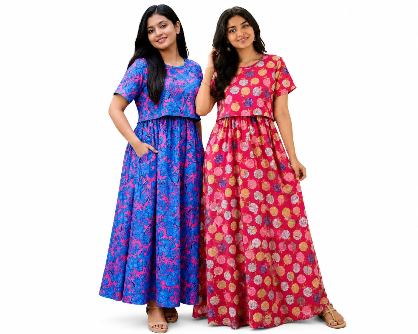 RENIS.Store Women's 100% Cotton Zipless Feeding Maternity Nighty Pack of 2 | Pull Up Nighty | Soft Pregnancy & Feeding Wear, Back Tie with Side Pocket | Blue,Pink Leaf_Pink Apple | Size-M-image-28