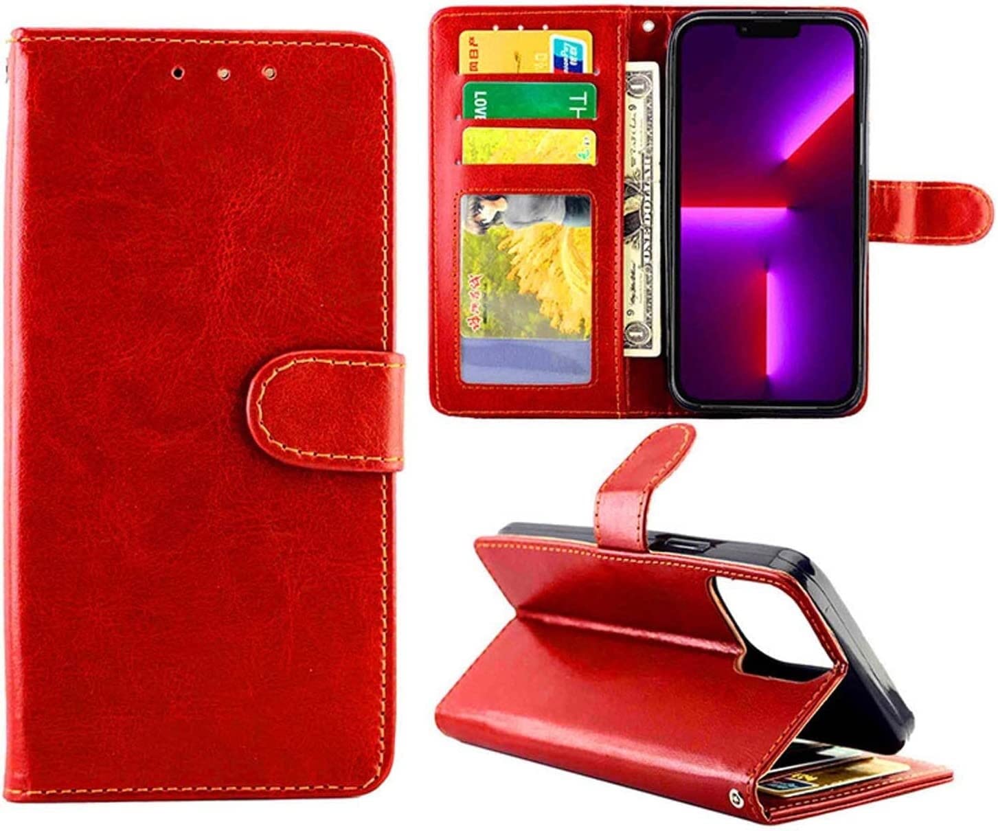 KANUZ Funda para iPhone 13/13 Mini/13 Pro/13 Pro Max, funda de cuero con ranura para tarjetas con carcasa de TPU a prueba de golpes, cierre magnético (color: rojo, tamaño: 13 mini 5.4 pulgadas)
