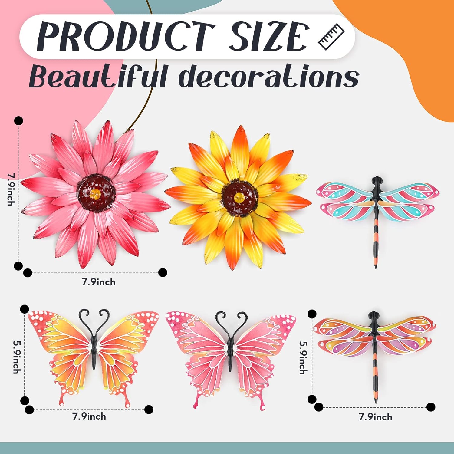 Yunlly 6 Pcs Butterfly Metal Flowers Wall Deco Dragonfly Metal Wall Art Decorations Hanging Butterfly Dragonfly Room Decor for Outdoor Indoor Home Garden Yard Fence Bedroom Bathroom