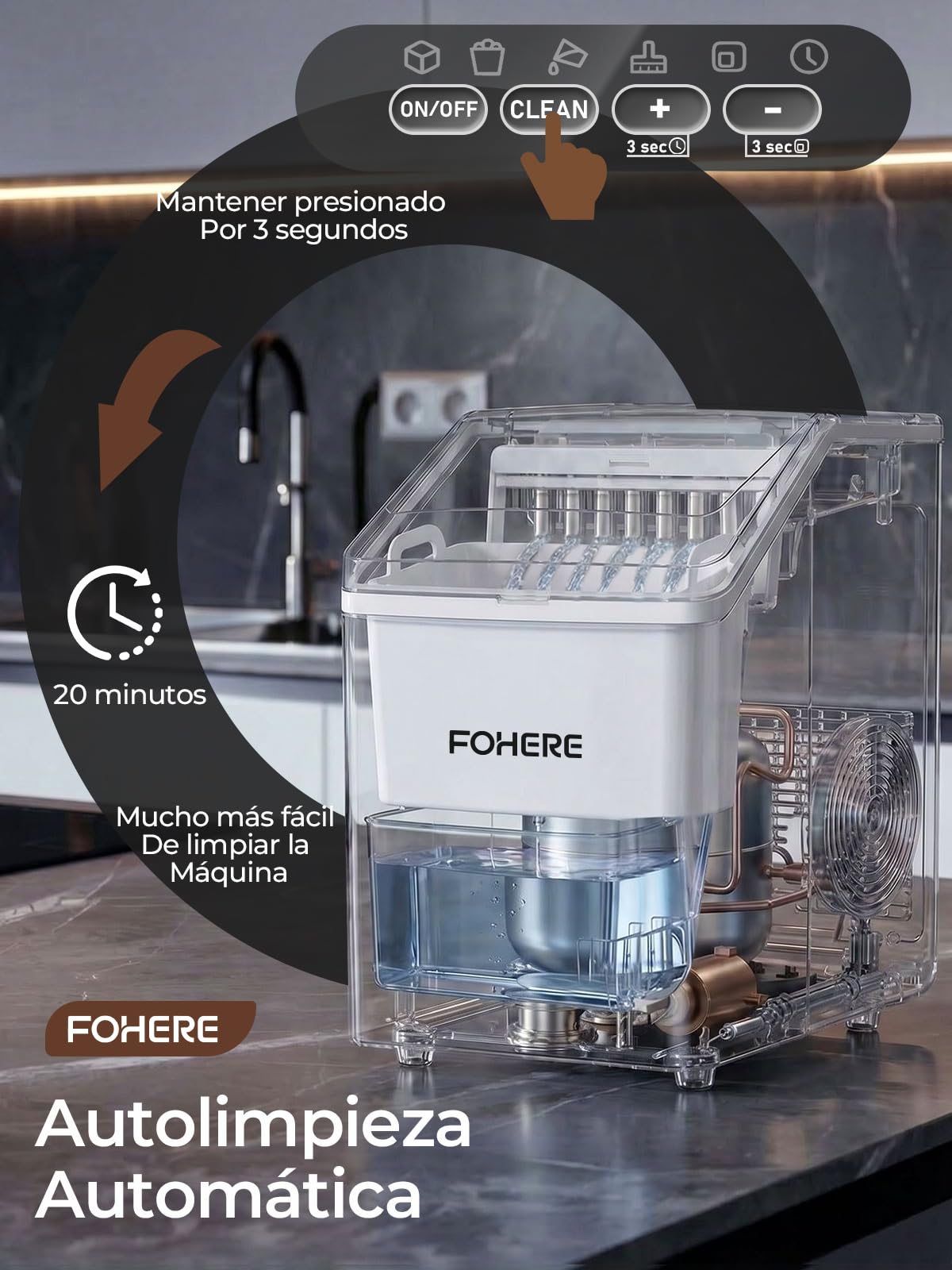 FOHERE Máquina de Hielo de Acero Inoxidable, 24kg/24h, 24 Cubitos en 10-15 Min, Tanque 3,2L con Temporizador, Autolimpieza & Descongelación, Doble Sistema de Llenado, Hostelería & Hogar