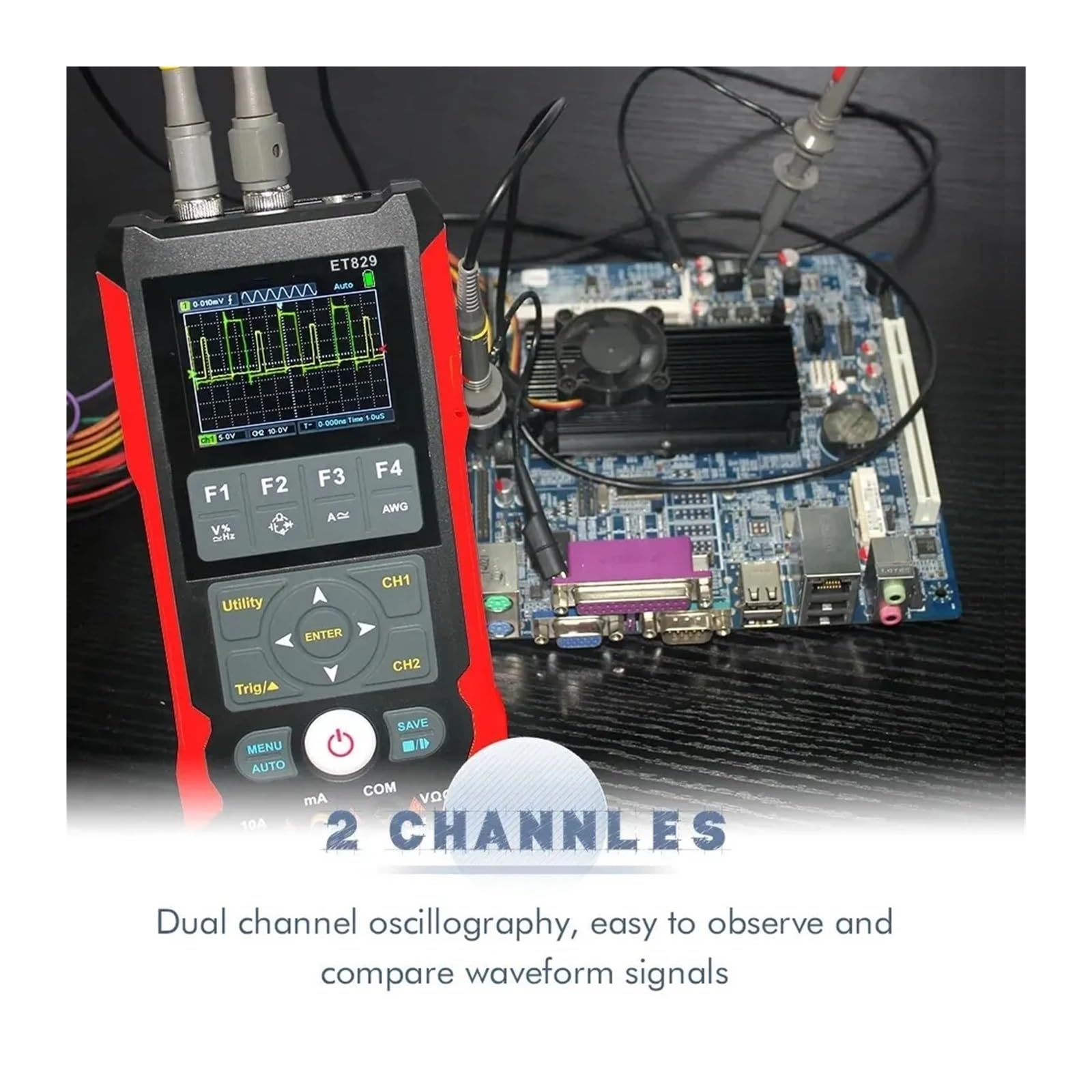 ET829 2 Channel 80MH/z Oscilloscope True RMS Multimeter Adjustable Signal Generator 3 in 1 for Car Electrical Repair(ET202D)