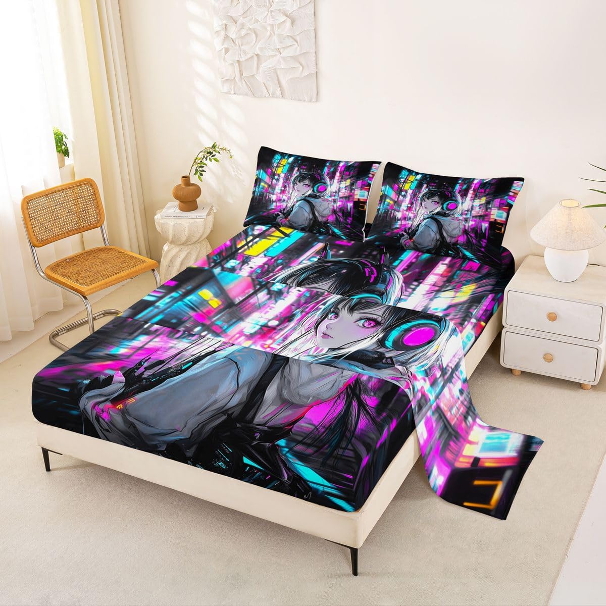 Erosebridal Anime Girl Queen Bed Sheets Set,Japanese Style 3D Anime Bedding Set for Kids Girls Boys Room Decor,Sci Fi Style Gaming Sheets Hot Pink Colorful Fitted Sheet Set 4Pcs